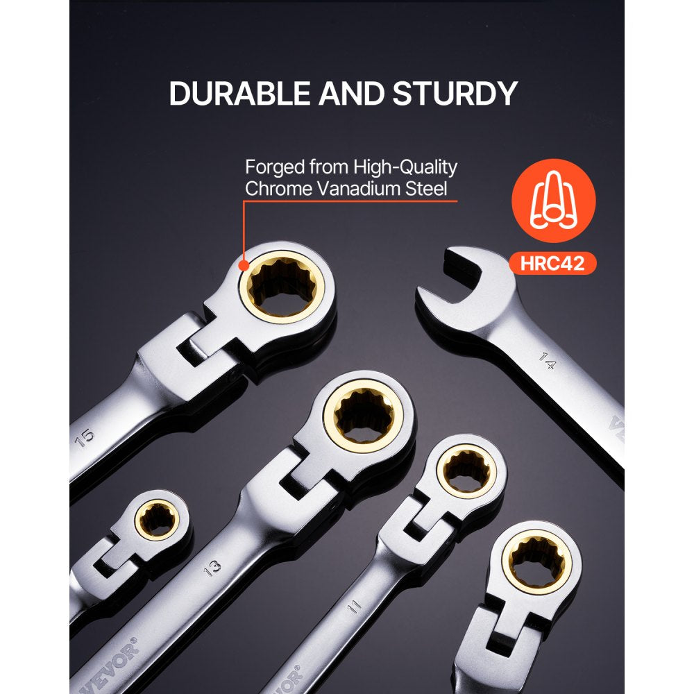 VEVOR Flex-Head Ratcheting Wrench Set, 8-piece Combination Wrench Set with Roll-up Pouch, Cr-V Steel Flexible Ratcheting Wrench Set Metric 8 mm to 17 mm, Ideal for General Household, Auto Repairs