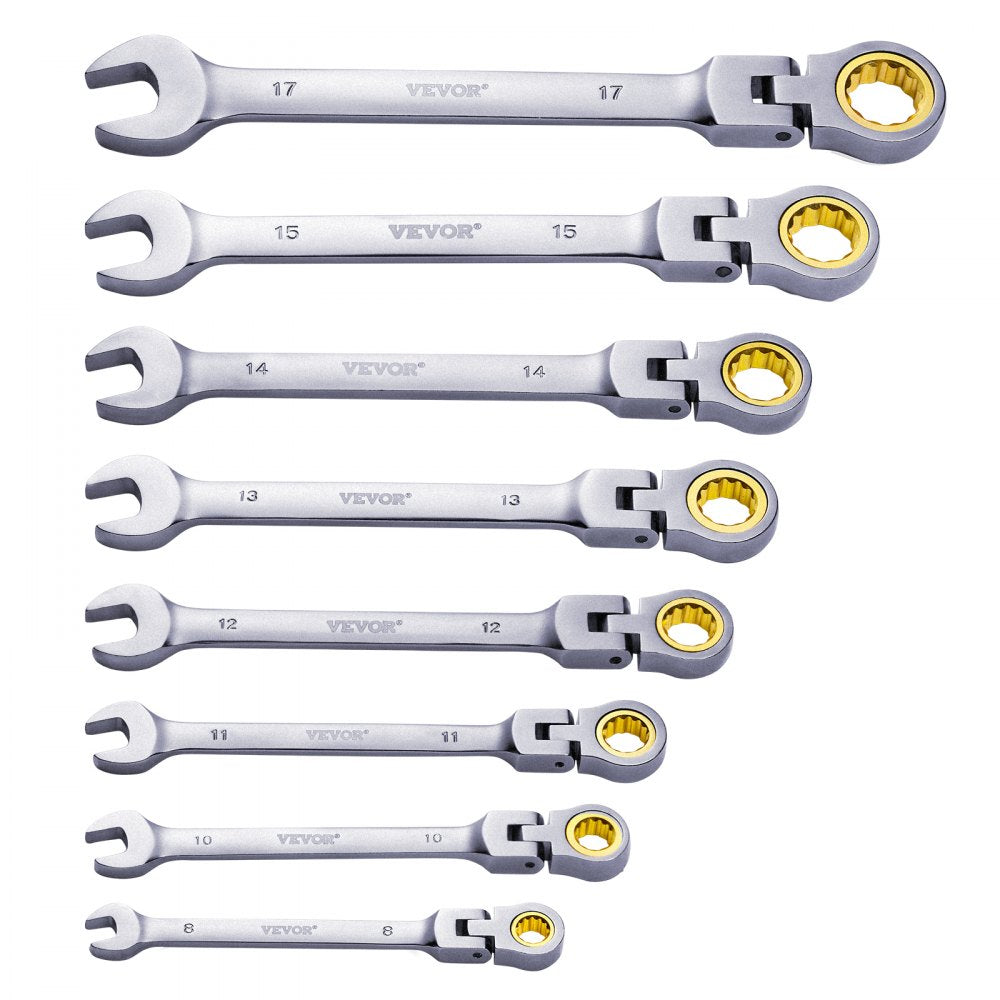VEVOR Flex-Head Ratcheting Wrench Set, 8-piece Combination Wrench Set with Roll-up Pouch, Cr-V Steel Flexible Ratcheting Wrench Set Metric 8 mm to 17 mm, Ideal for General Household, Auto Repairs