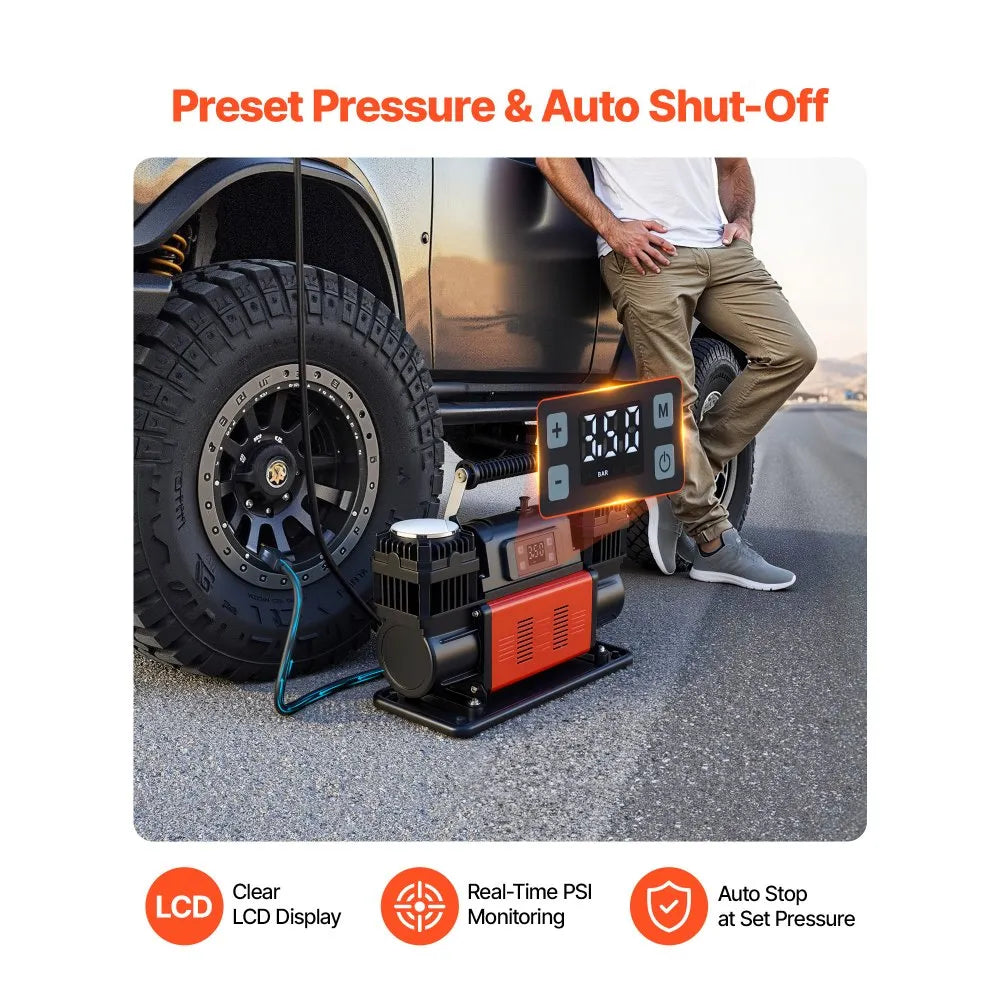 VEVOR Dual-Cylinder Heavy Duty Air Compressor, 10.6CFM Auto-Stop Portable Tire Inflator, 12V 150PSI Offroad Air Pump with LCD Digital Display & Adapters for Truck Car SUV 4 x 4 Vehicle RV