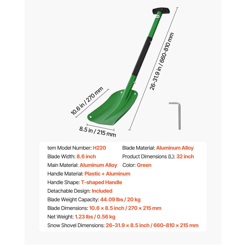 VEVOR Snow Shovel for Driveway, 8.5 in Wide Aluminum Alloy Snow Shovel with T-shaped Handles, Large Capacity Snowplow Shovels, Portable & Lightweight Snows Removal Tool for Garden Car Camping