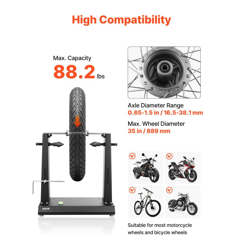 VEVOR Motorcycle Wheel Balancer, 88.2 lbs Capacity, Tire Balancer & Truing Stand with Adjustable Centering Cones and Truing Pointer, Balancing Tools for Most Motorcycles & Bicycles, 35-Inch Wheel Dia