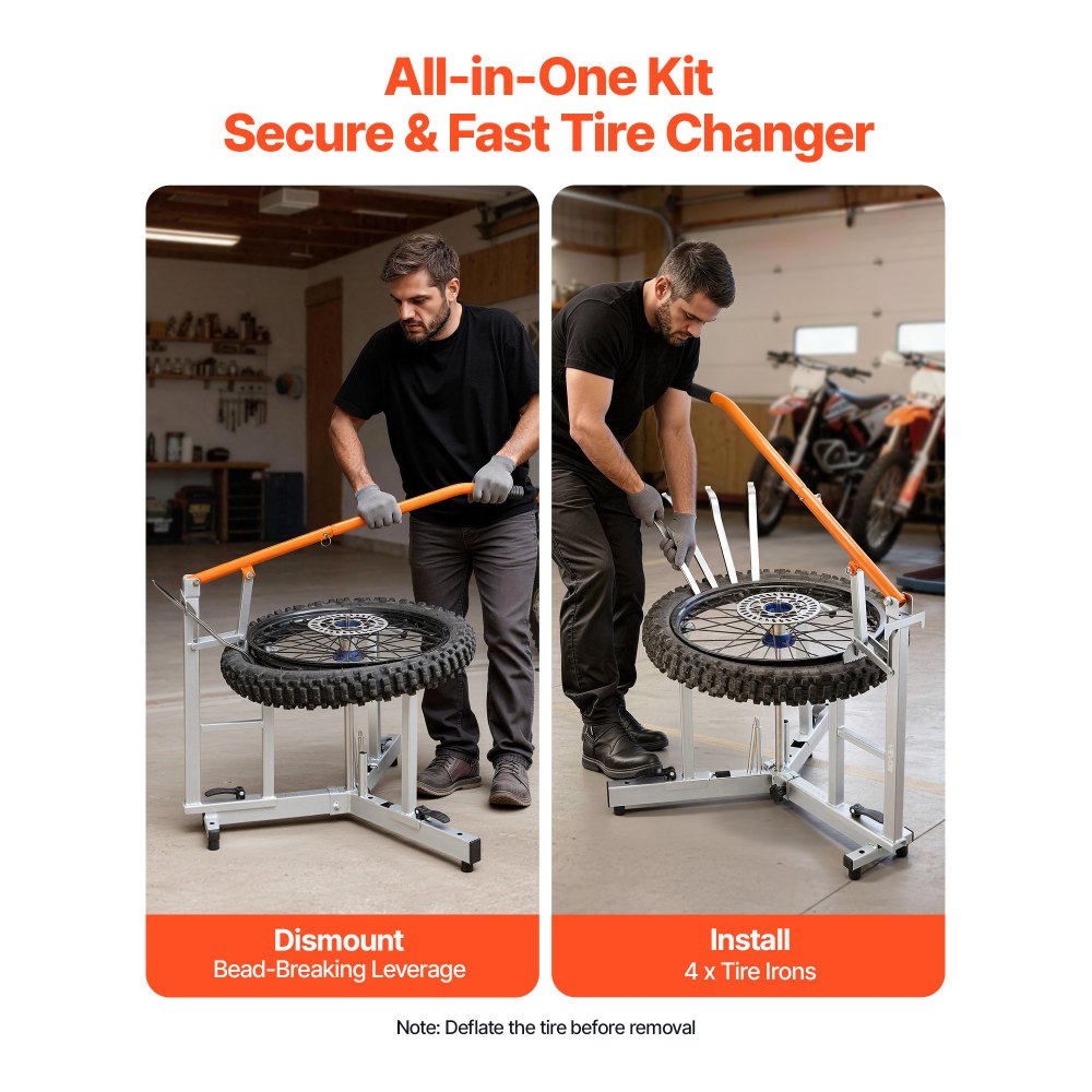 VEVOR Dirt Bike and Dual Sport Tire Changer, Fits for 16"-21" Wheels, 15/17/20/25 mm Axles, Heavy Duty Dirt Bike Tire Changing Tool Kit with Bead Breaker, Irons, Protective Sleeves, and Storage Bag