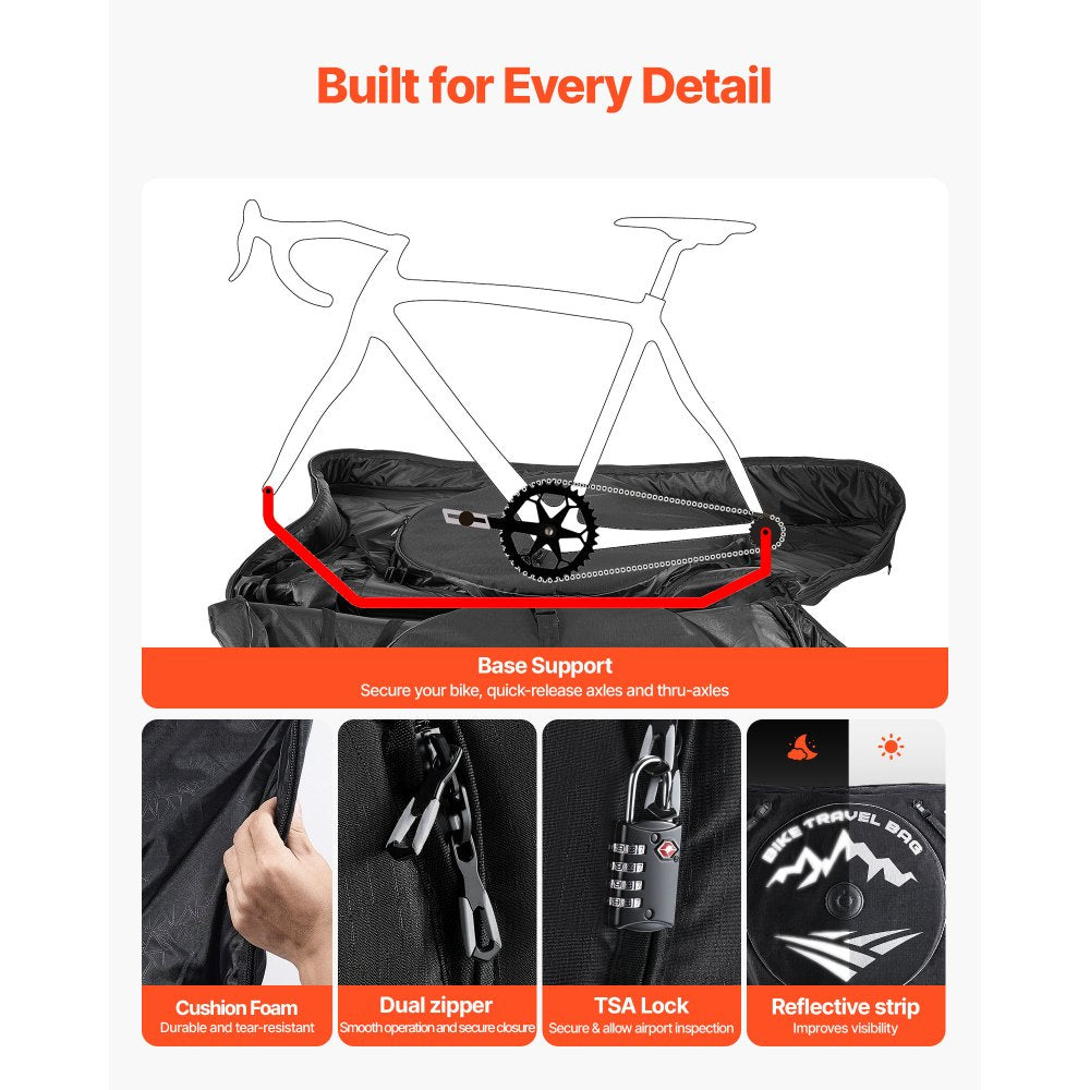 VEVOR Bike Travel Bag, Road Bike Bag Road Bicycle Storage Carry with TSA Lock & Dual Zipper, Black Bicycle Case Wheelbase 37-42 in for Air Travel, Outdoor Use, Airplane, Car, Train, Subway Transport
