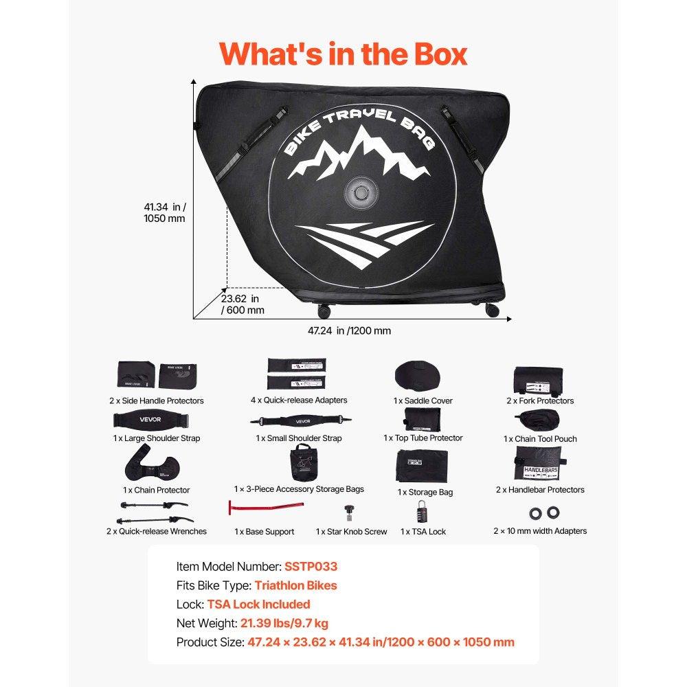 VEVOR Triathlon Bike Travel Bag, Transport Bicycle Storage Carry Bag with TSA Lock & Dual Zipper, Triathlon Bicycle Case Max. Wheelbase 42 in for Travel, Outdoor Use, Train Airplane Subway Transport