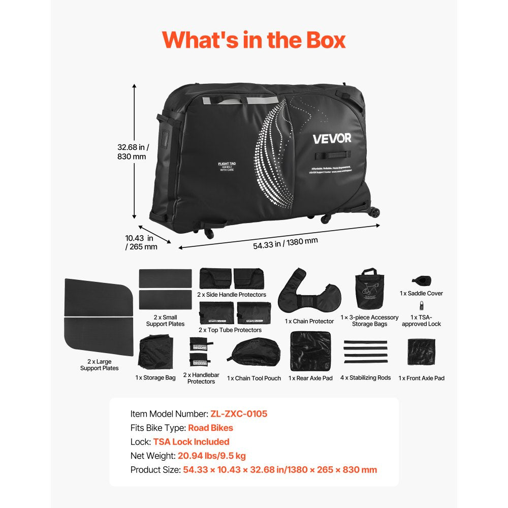VEVOR Bike Travel Bag, Transport Universal Bicycle Storage Case Bag with TSA Lock, Support Plates, Protection and Fork Mount Stabilisation, Bicycle Case Max. Wheelbase 51 in for Airplane, Outdoor Use