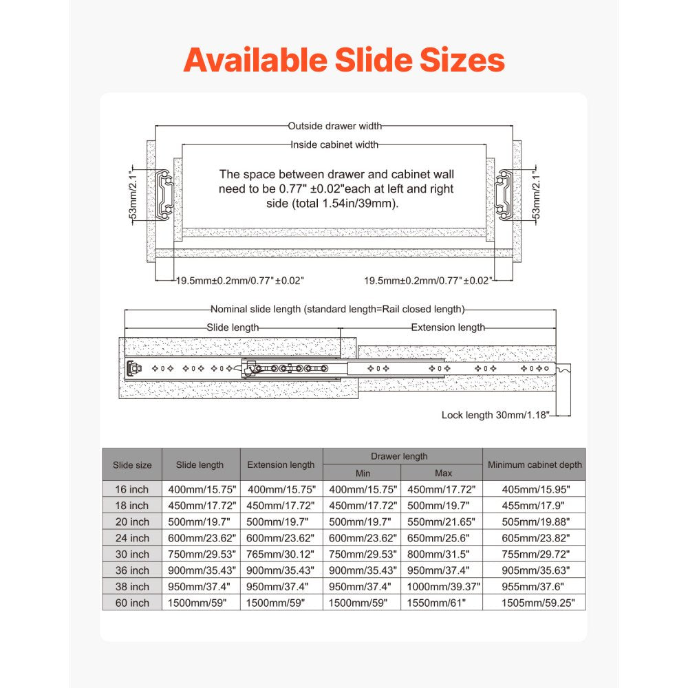 VEVOR Heavy Duty Drawer Slides 18inch, 1 Pair Locking Drawer Slides 250lbs Load Capacity, Side Mount Ball Bearing, 3-Fold Full Extension