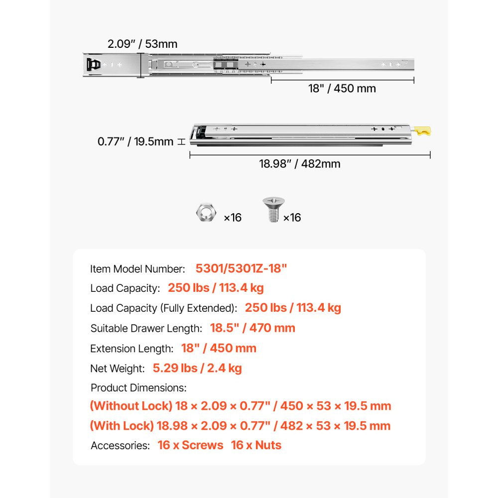 VEVOR Heavy Duty Drawer Slides 18inch, 1 Pair Locking Drawer Slides 250lbs Load Capacity, Side Mount Ball Bearing, 3-Fold Full Extension