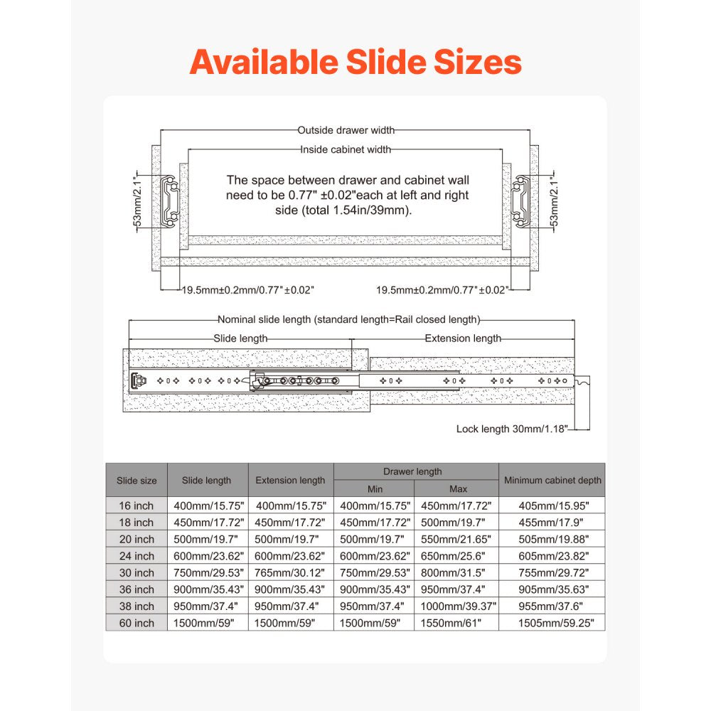 VEVOR Heavy Duty Drawer Slides 30inch, 1 Pair Locking Drawer Slides 250lbs Load Capacity, Side Mount Ball Bearing, 3-Fold Full Extension
