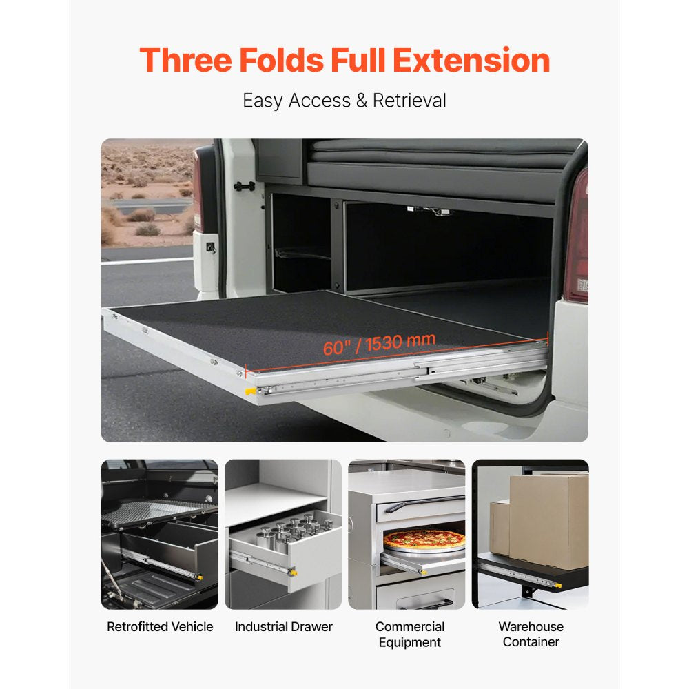 VEVOR Heavy Duty Drawer Slides 60inch, 1 Pair Locking Drawer Slides 250lbs Load Capacity, Side Mount Ball Bearing, 3-Fold Full Extension