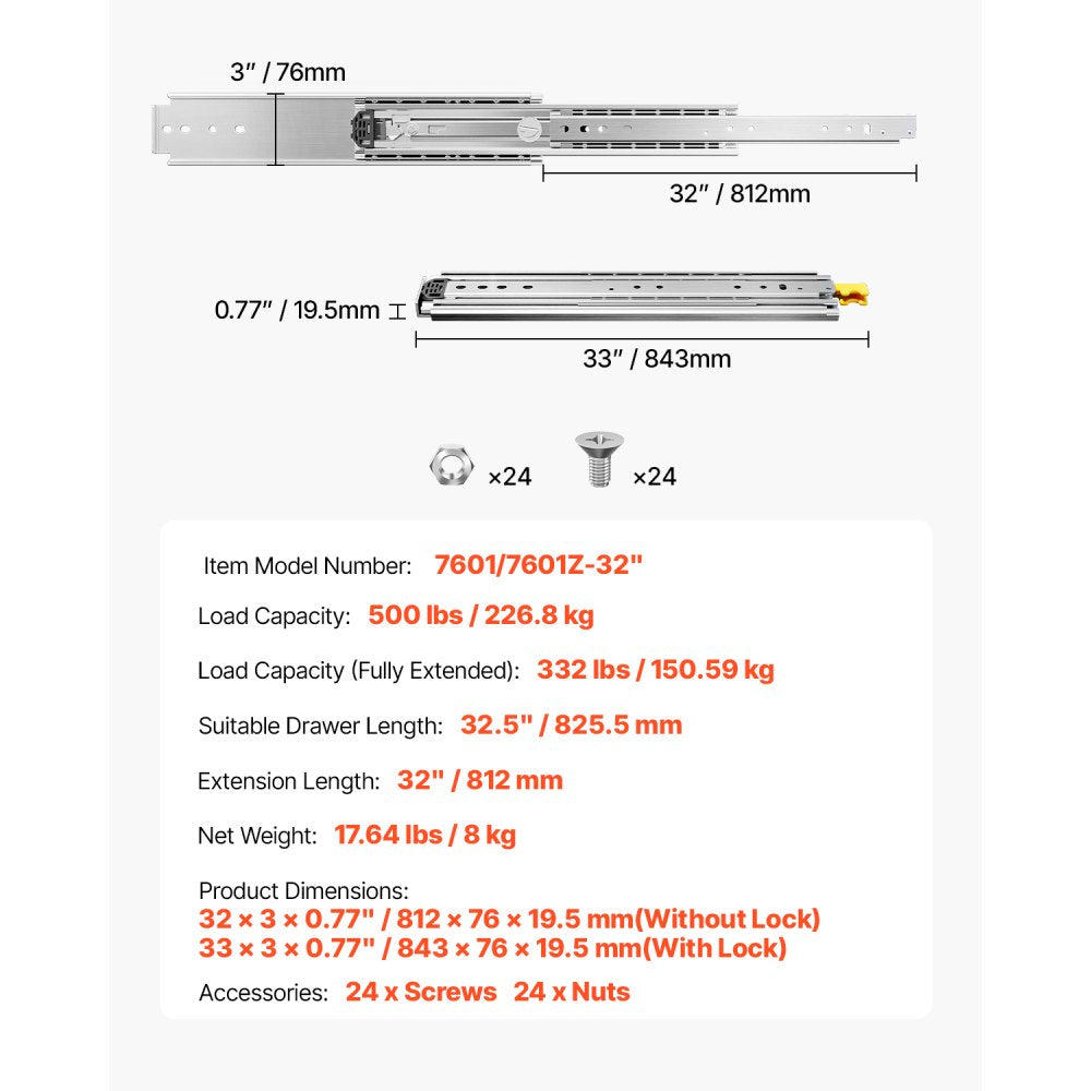 VEVOR Set of Two Drawer Rails, Sizes Ranging from 16 to 60 inches, 500 lbs Weight Tolerance, Ball Bearing Equipped with Locking Mechanism, Side Mounted Slide Rail