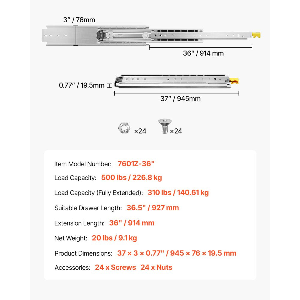 VEVOR 1 Pair Full Extension Drawer Slides 18 20 22 28 30 32 36 38 40 44 48 52 56 60 in, 500 lbs Load Capacity Locking Drawer Slides, Ball Bearing with Lock Side Mount Drawer Slide Rail