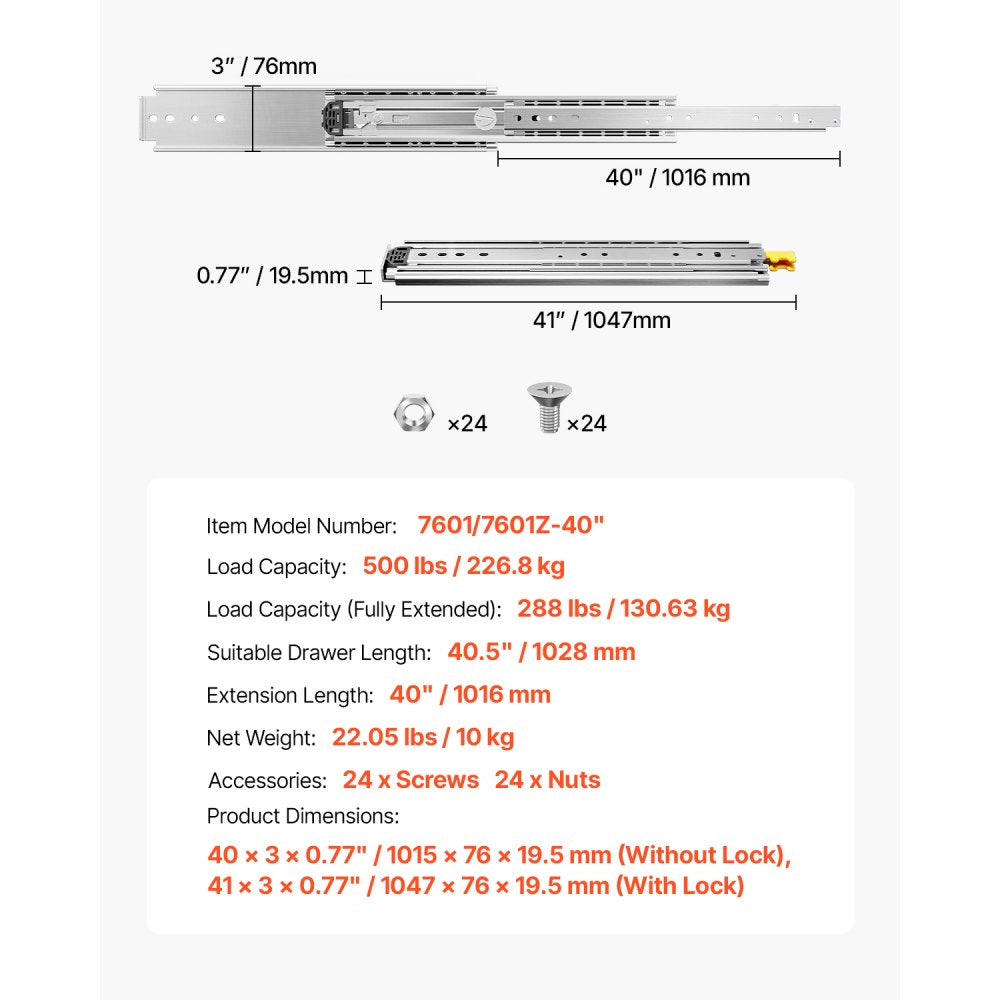 VEVOR 1 Pair Full Extension Drawer Slides 40 n, 500 lbs Load Capacity Locking Drawer Slides, Ball Bearing with Lock Side Mount Drawer Slide Rail