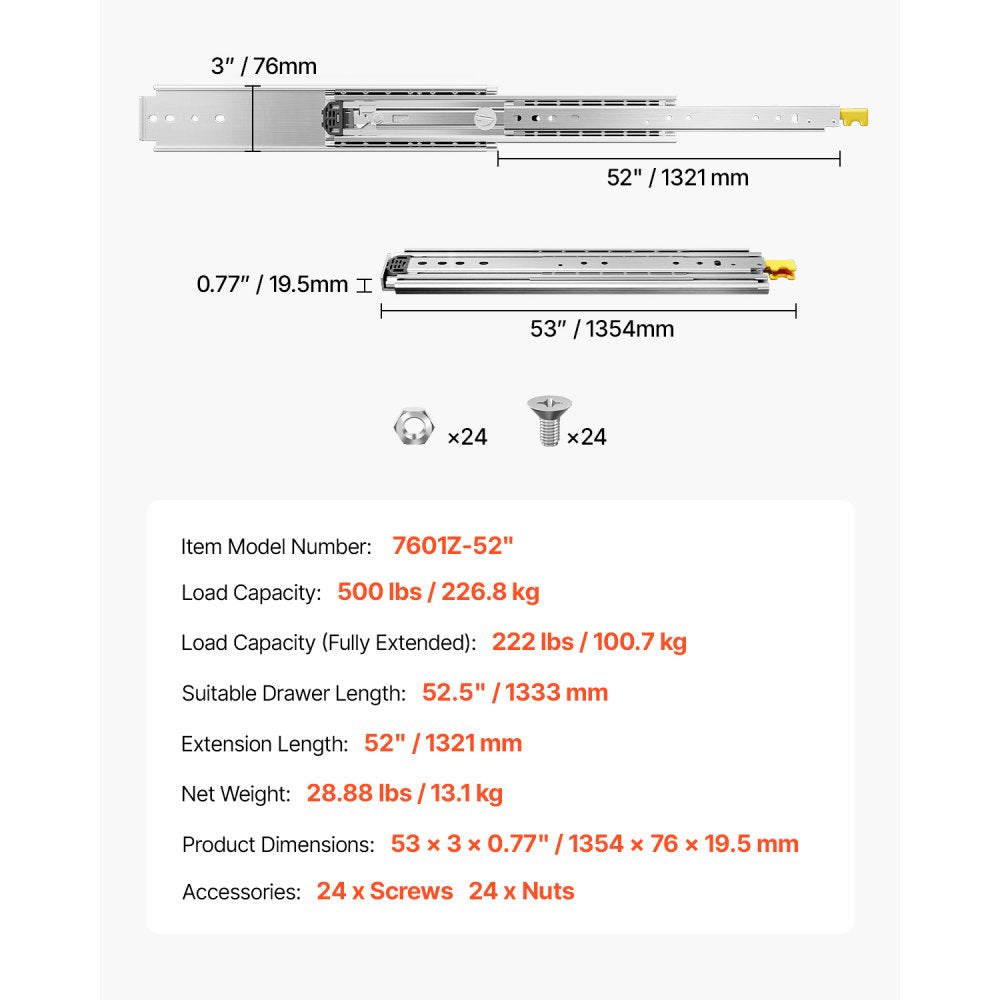 VEVOR 1 Pair Full Extension Drawer Slides 18 20 22 28 30 32 36 38 40 44 48 52 56 60 in, 500 lbs Load Capacity Locking Drawer Slides, Ball Bearing with Lock Side Mount Drawer Slide Rail