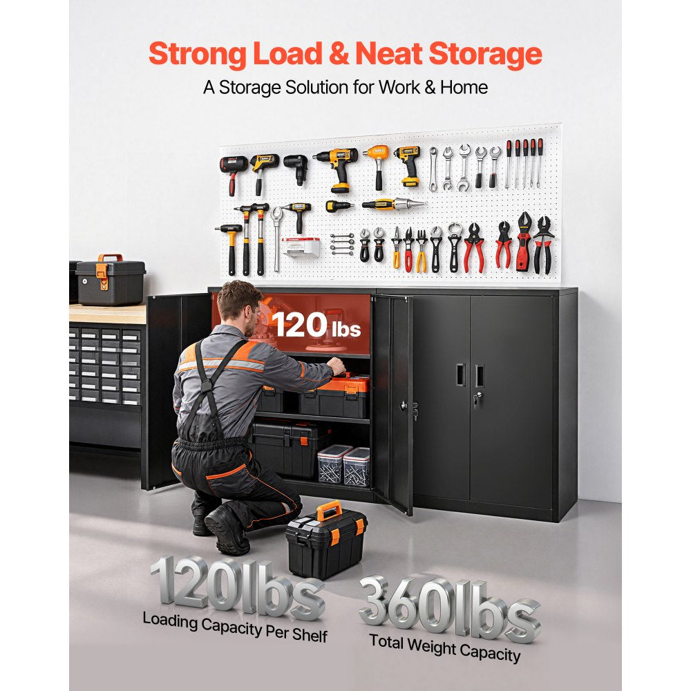 VEVOR Metal Storage Cabinet 41.7 in Lockable Steel Garage Cabinet Black, for Pantry, Warehouse, Basement, Laundry, Office, 3 Tiers Tool Storage with 2 Adjustable Shelves, 2 Magnetic Doors & 2 Keys