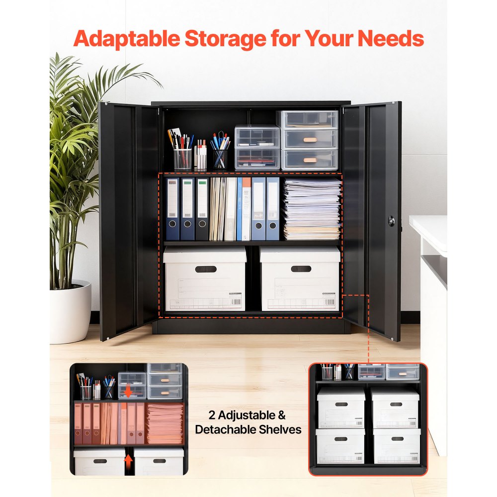 VEVOR Metal Storage Cabinet 41.7 in Lockable Steel Garage Cabinet Black, for Pantry, Warehouse, Basement, Laundry, Office, 3 Tiers Tool Storage with 2 Adjustable Shelves, 2 Magnetic Doors & 2 Keys