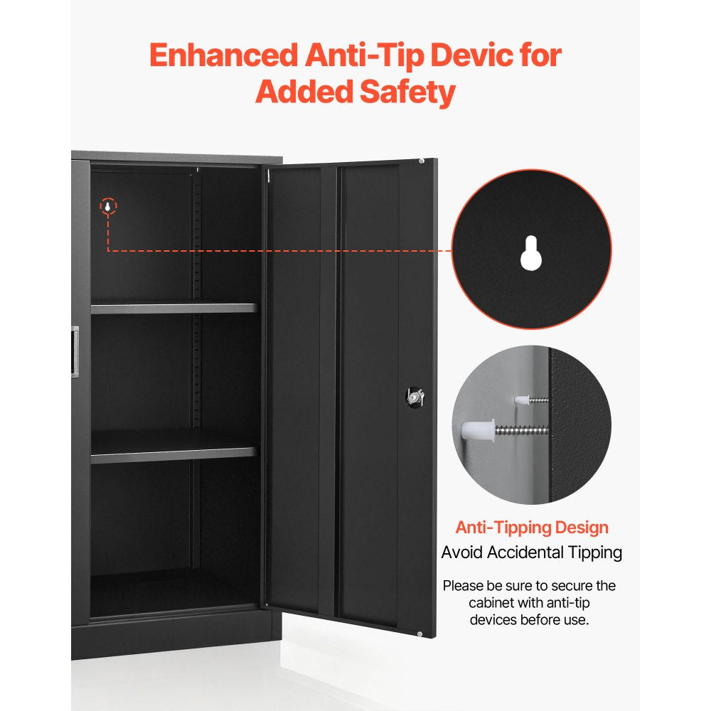 VEVOR Metal Storage Cabinet 41.7 in Lockable Steel Garage Cabinet Black, for Pantry, Warehouse, Basement, Laundry, Office, 3 Tiers Tool Storage with 2 Adjustable Shelves, 2 Magnetic Doors & 2 Keys