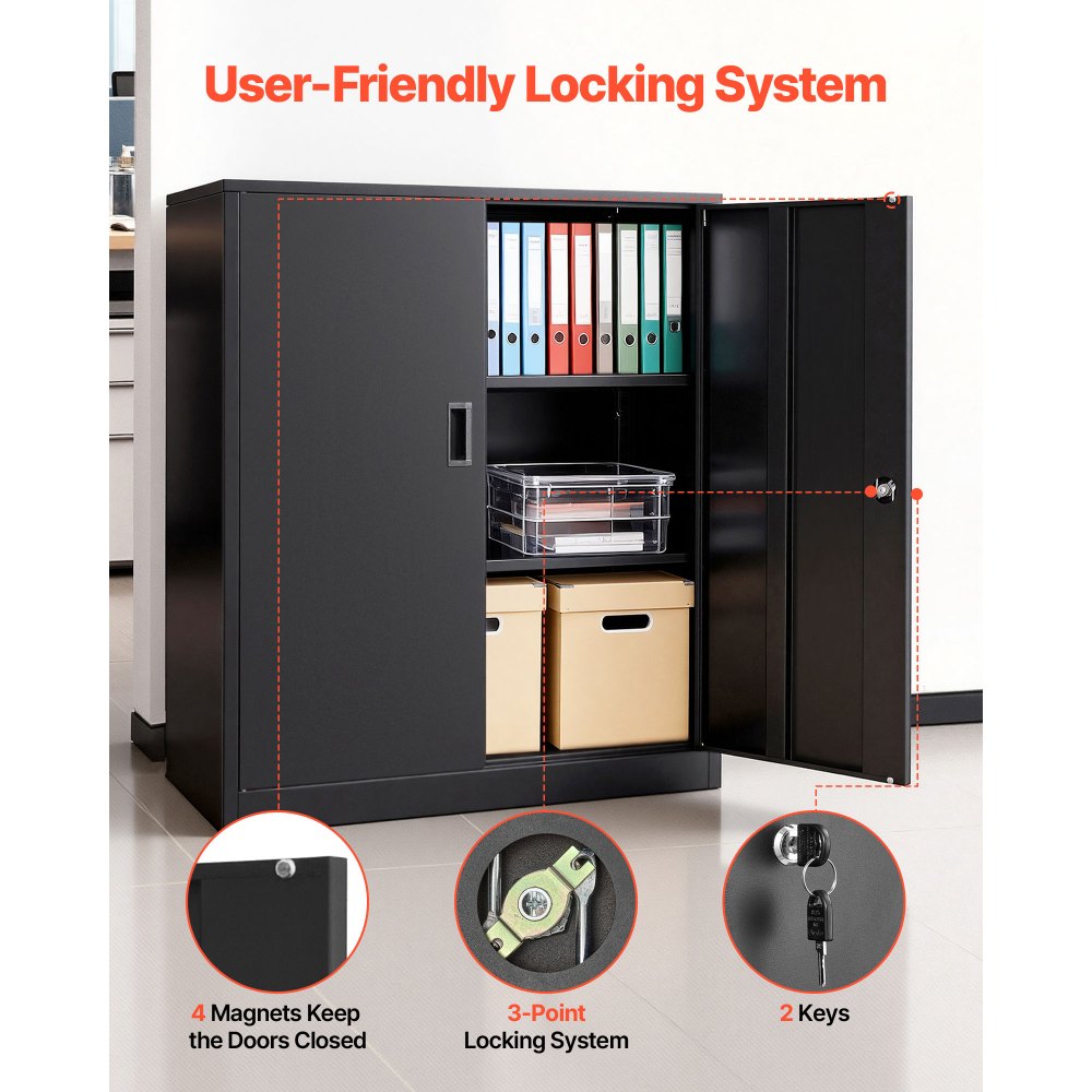 VEVOR Metal Storage Cabinet 41.7 in Lockable Steel Garage Cabinet Black, for Pantry, Warehouse, Basement, Laundry, Office, 3 Tiers Tool Storage with 2 Adjustable Shelves, 2 Magnetic Doors & 2 Keys