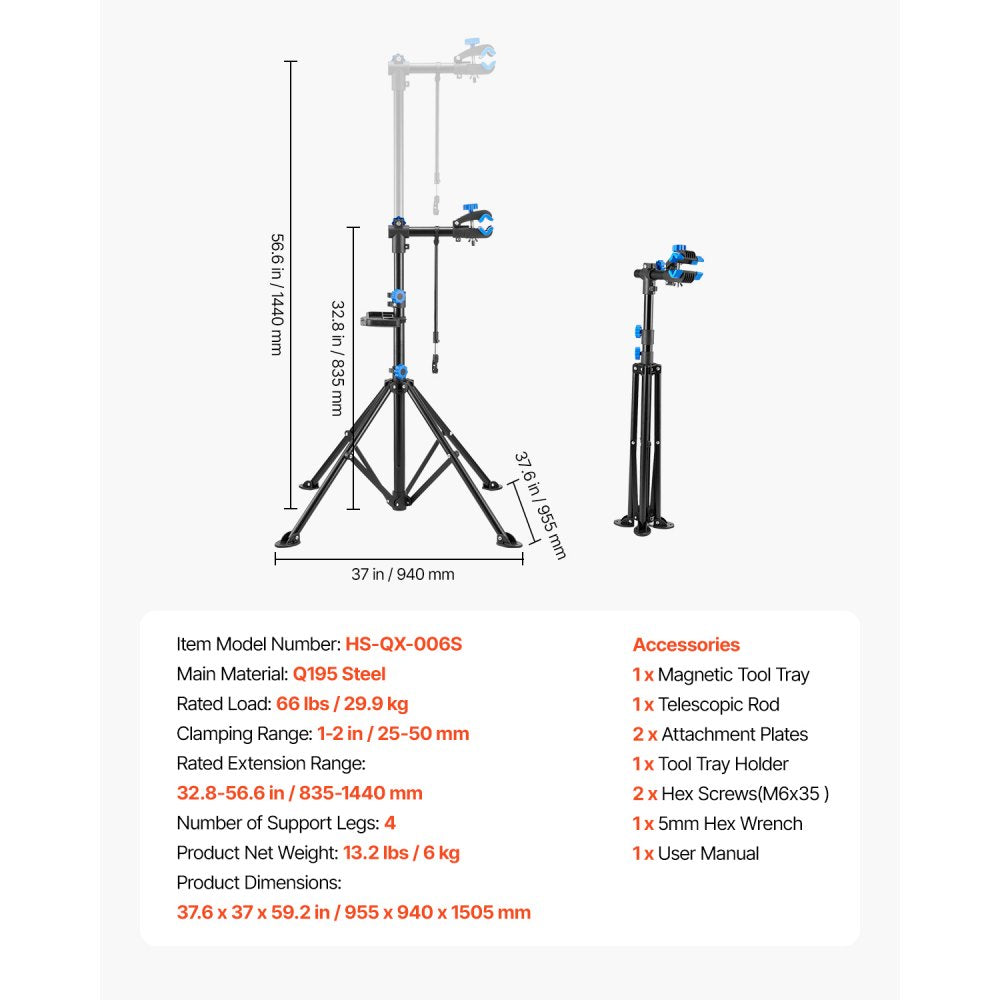 VEVOR Bike Repair Stand, 66 lb Heavy-duty Bicycle Work Stand with 32.8-56.6 in Adjustable Height & Magnetic Tool Tray, Foldable Bicycle Maintenance Rack, Shop Home Mechanics for Mountain & Road Bike