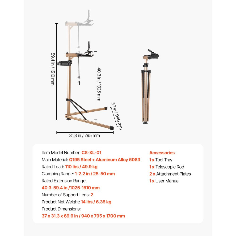 VEVOR Bike Repair Stand, Max. 110 lb Heavy-duty Bicycle Work Stand with 40.3-59.4 in Adjustable Height & Large Tool Tray, Foldable Ebike Maintenance Rack, Shop Home Mechanics for Mountain Road Bike