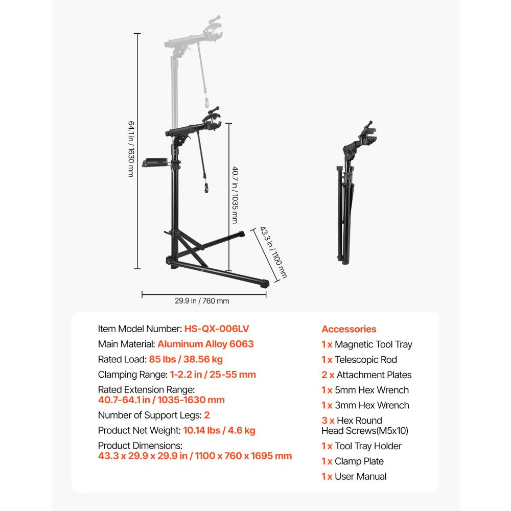 VEVOR Bike Repair Stand, 85 lb Heavy-duty Bicycle Work Stand with 40.7-64.1 in Adjustable Height & Magnetic Tool Tray, Foldable Bicycle Maintenance Rack, Shop Home Mechanics for Mountain & Road Bike