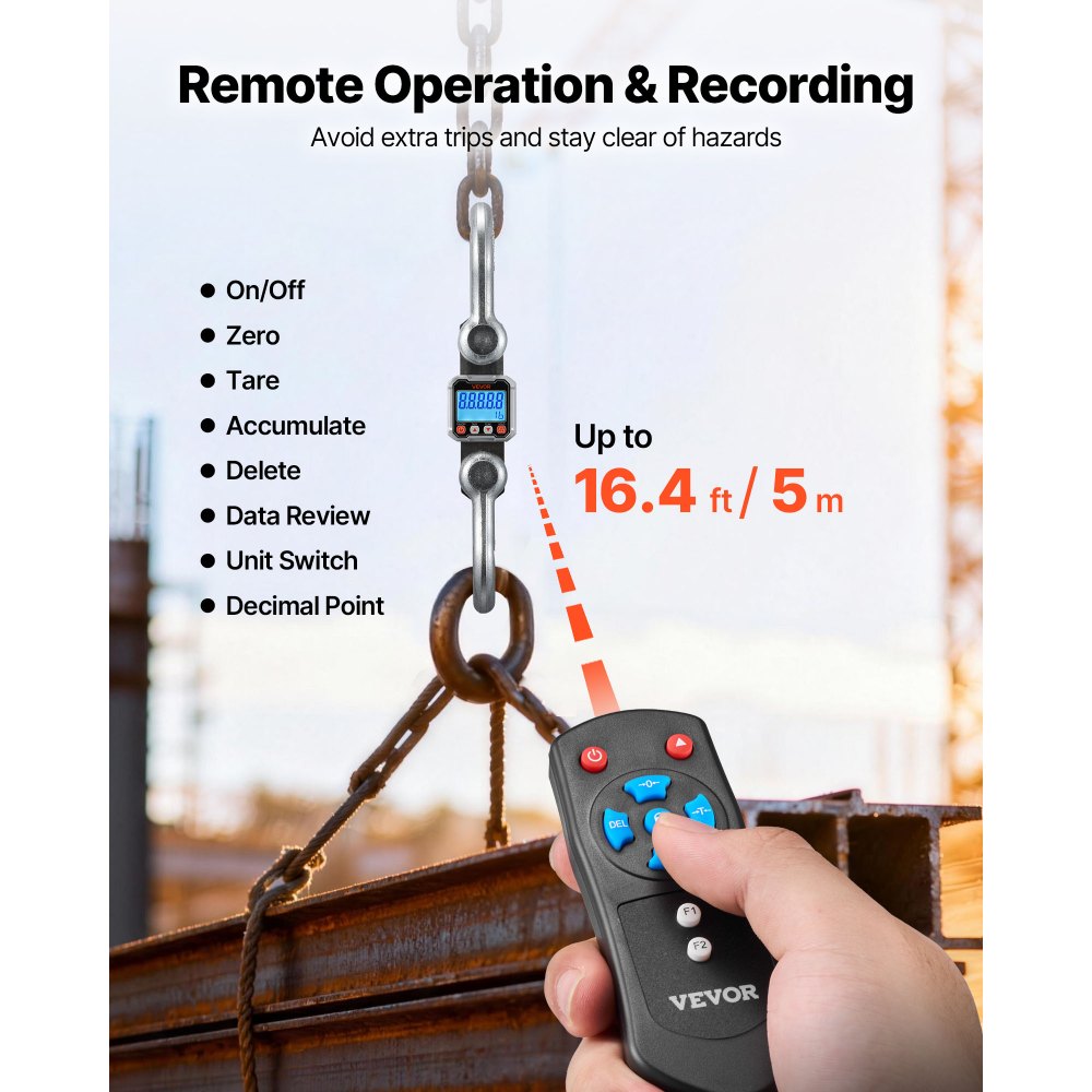 VEVOR Digital Crane Scale, 22000 lbs/10 T Max Capacity, Heavy Duty Industrial Hanging Scale with Cast Aluminum Case & LCD Display, 5 lbs Division & 3 Unit Switch, Remote Control for Garage Factory