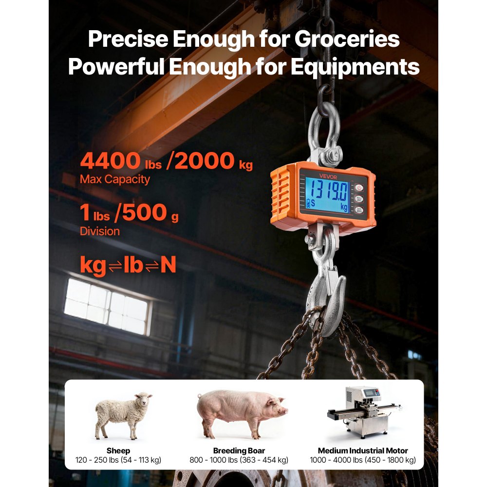 VEVOR Digital Crane Scale, 4400 lbs/2000 kg Max Capacity, Heavy Duty Industrial Hanging Scale with Cast Aluminum Case & LCD Display, 1 lbs Division & 3 Unit Switch, Remote Control for Garage Factory