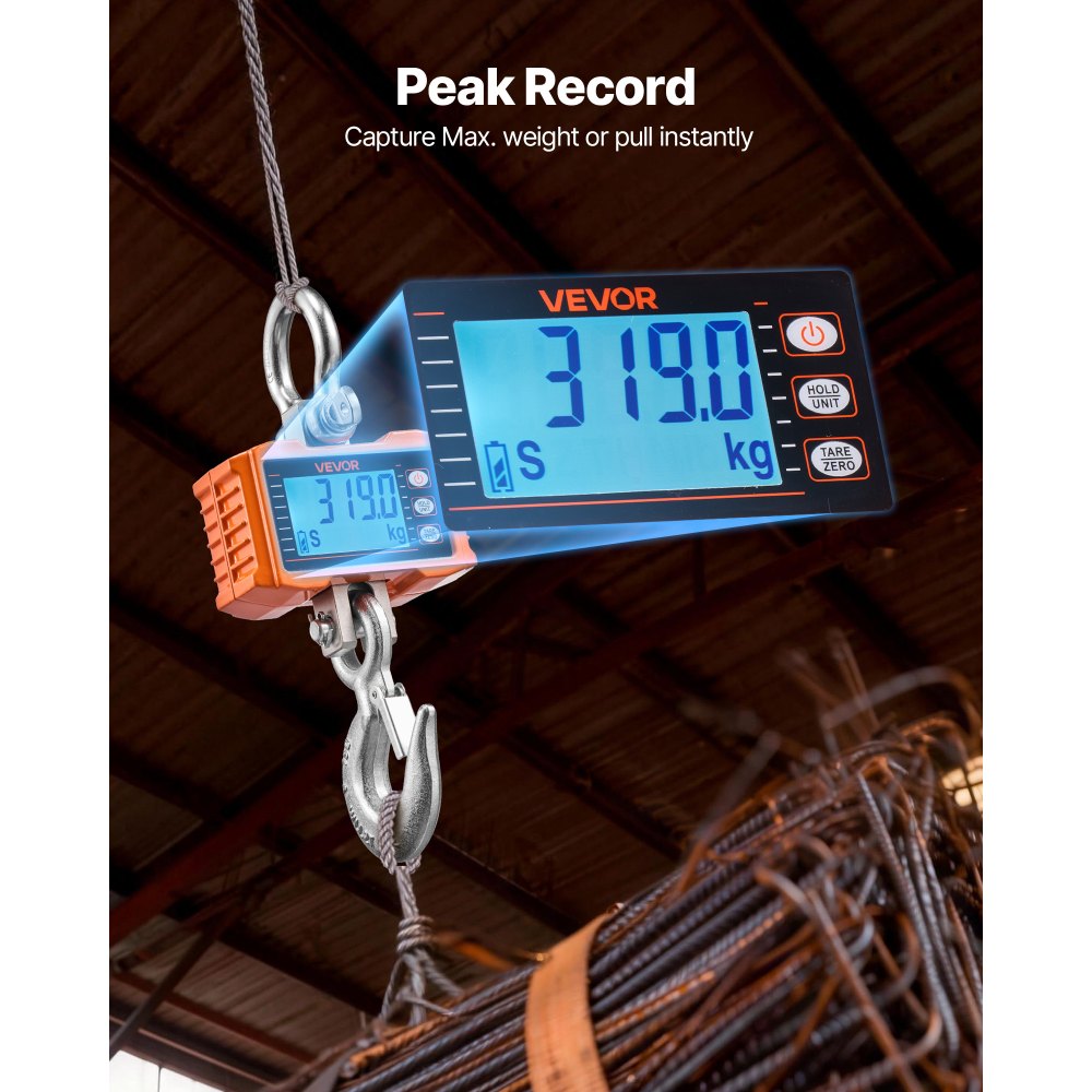 VEVOR Digital Crane Scale, 4400 lbs/2000 kg Max Capacity, Heavy Duty Industrial Hanging Scale with Cast Aluminum Case & LCD Display, 1 lbs Division & 3 Unit Switch, Remote Control for Garage Factory