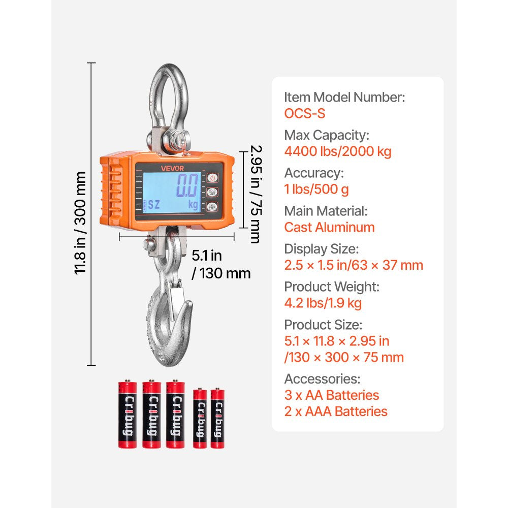 VEVOR Digital Crane Scale, 4400 lbs/2000 kg Max Capacity, Heavy Duty Industrial Hanging Scale with Cast Aluminum Case & LCD Display, 1 lbs Division & 3 Unit Switch, Remote Control for Garage Factory
