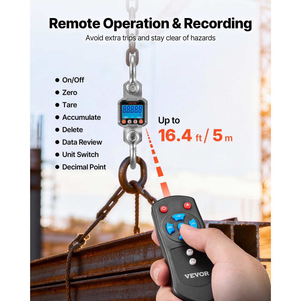 VEVOR Digital Crane Scale, 6600 lbs/3000 kg Max Capacity, Heavy Duty Industrial Hanging Scale with Cast Aluminum Case & LCD Display, 1 lbs Division & 3 Unit Switch, Remote Control for Garage Factory