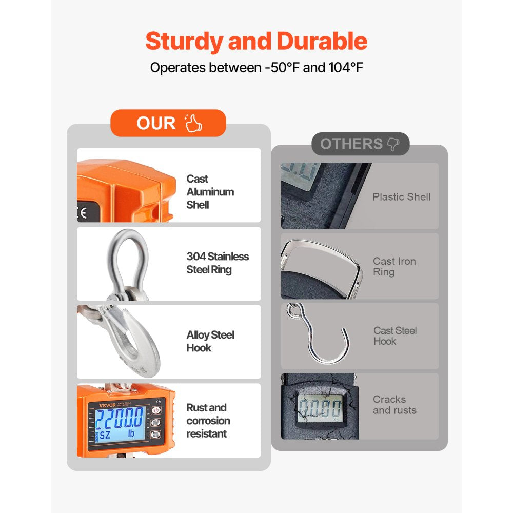 VEVOR Digital Crane Scale, 2200 lbs/1000 kg, Industrial Heavy Duty Hanging Scale with Remote Control, Cast Aluminum Case & LCD Screen, High Precision for Construction, Factory, Farm, Hunting (Orange)