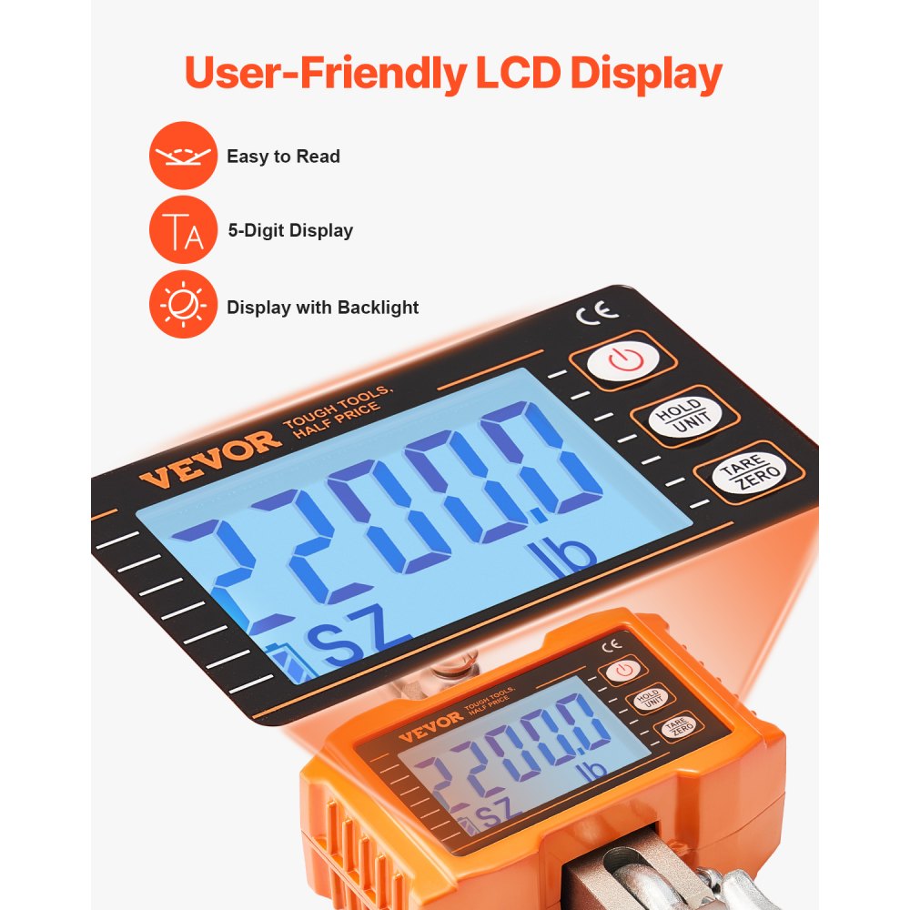 VEVOR Digital Crane Scale, 2200 lbs/1000 kg, Industrial Heavy Duty Hanging Scale with Remote Control, Cast Aluminum Case & LCD Screen, High Precision for Construction, Factory, Farm, Hunting (Orange)