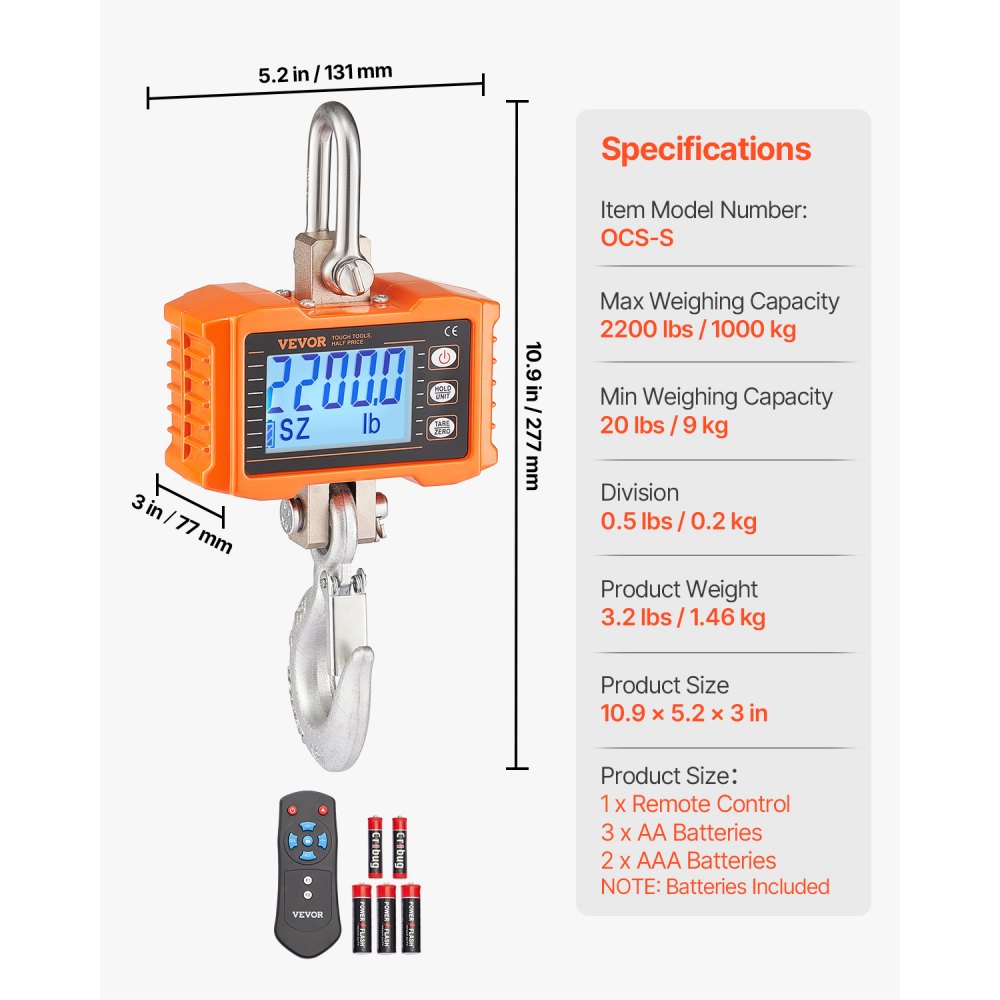 VEVOR Digital Crane Scale, 2200 lbs/1000 kg, Industrial Heavy Duty Hanging Scale with Remote Control, Cast Aluminum Case & LCD Screen, High Precision for Construction, Factory, Farm, Hunting (Orange)