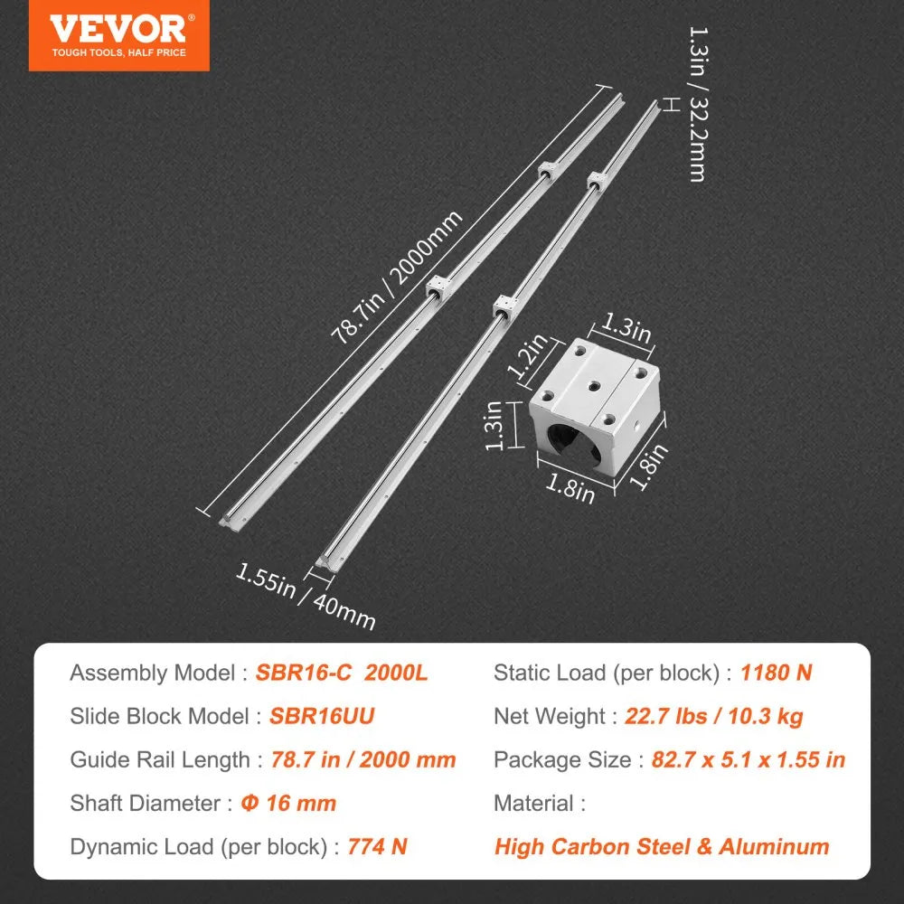 VEVOR Linear Guide Rail Set, SBR16 2000mm, 2 PCS 78.7 in/2000 mm SBR16 Guide Rails and 4 PCS SBR16UU Slide Blocks, Linear Rails and Bearings Kit for Automated Machines DIY Project CNC Router Machines