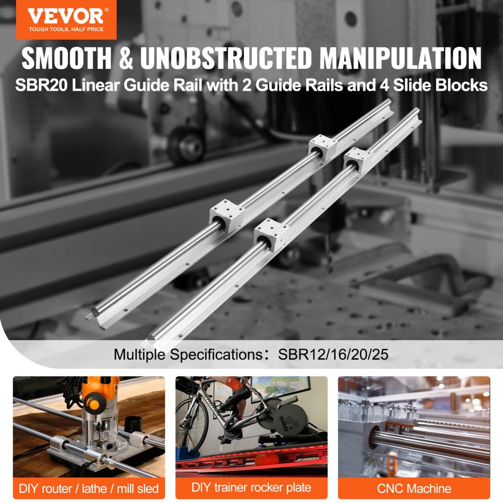 VEVOR SBR20 1200mm Linear Guide Set, Comes with Two 47.2-inch SBR20 Rails and Four SBR20UU Bearings, Perfect for Crafting CNC Routers and Automation Equipment