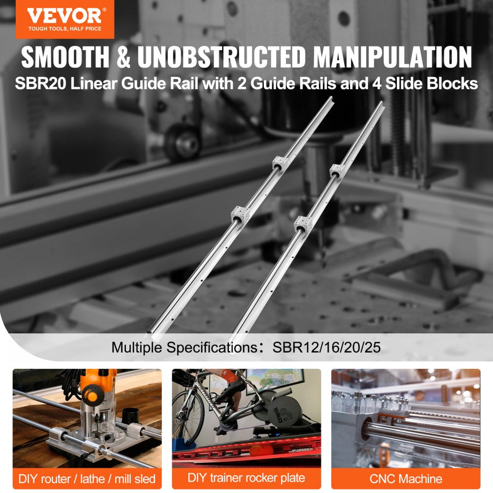 VEVOR Linear Motion Set, SBR20 1500mm, Comes with Two 59 in/1500 mm SBR20 Rails & Four SBR20UU Blocks, Ideal for DIY CNC and Automation Tasks