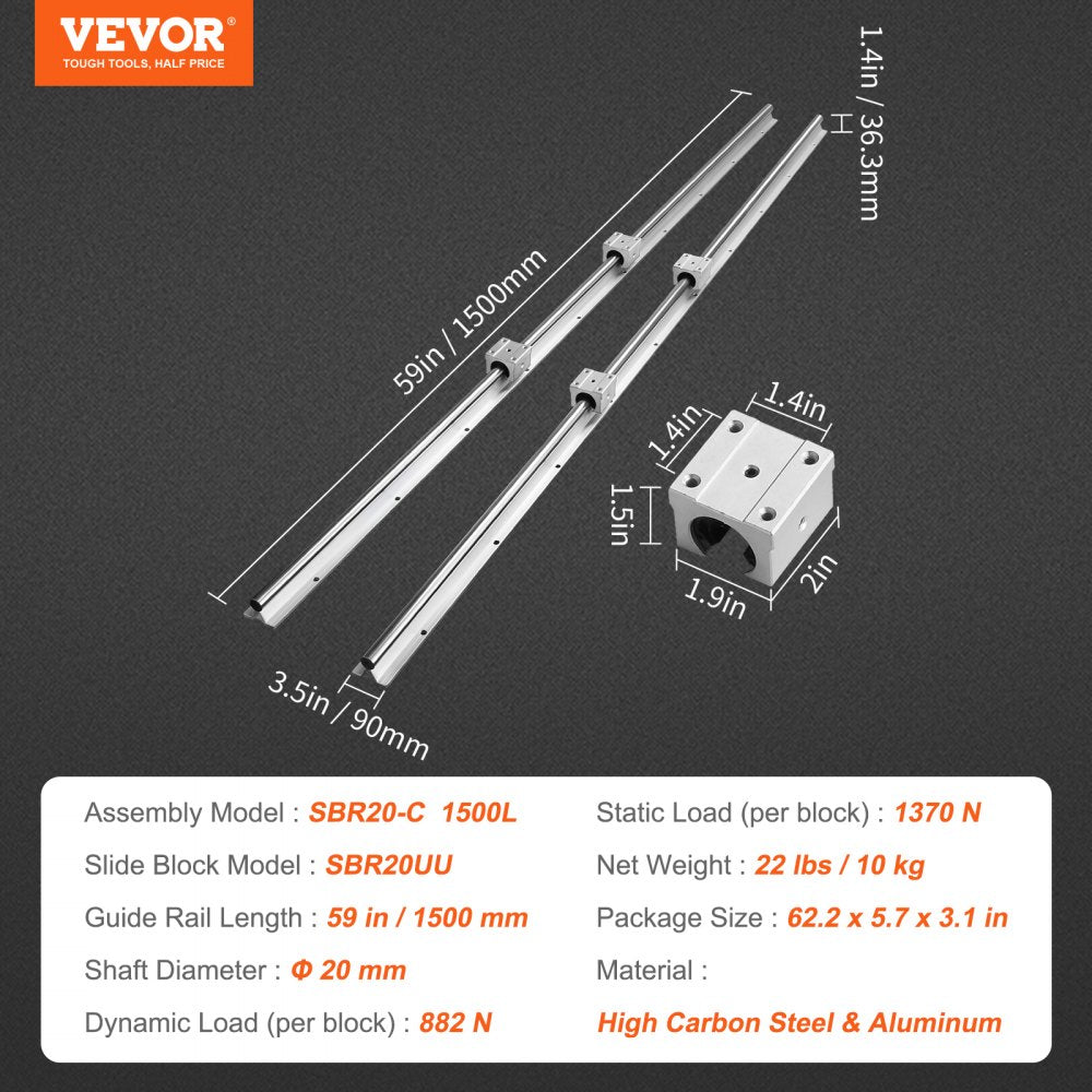 VEVOR Linear Motion Set, SBR20 1500mm, Comes with Two 59 in/1500 mm SBR20 Rails & Four SBR20UU Blocks, Ideal for DIY CNC and Automation Tasks