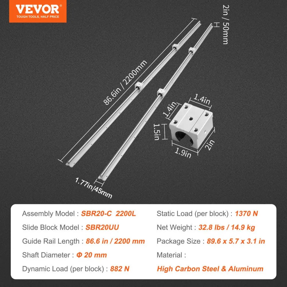 VEVOR Linear Motion Set, SBR20 2200mm, Comes with Two 86.6-inch SBR20 Rails & Four SBR20UU Blocks, Ideal for DIY CNC & Automated Projects
