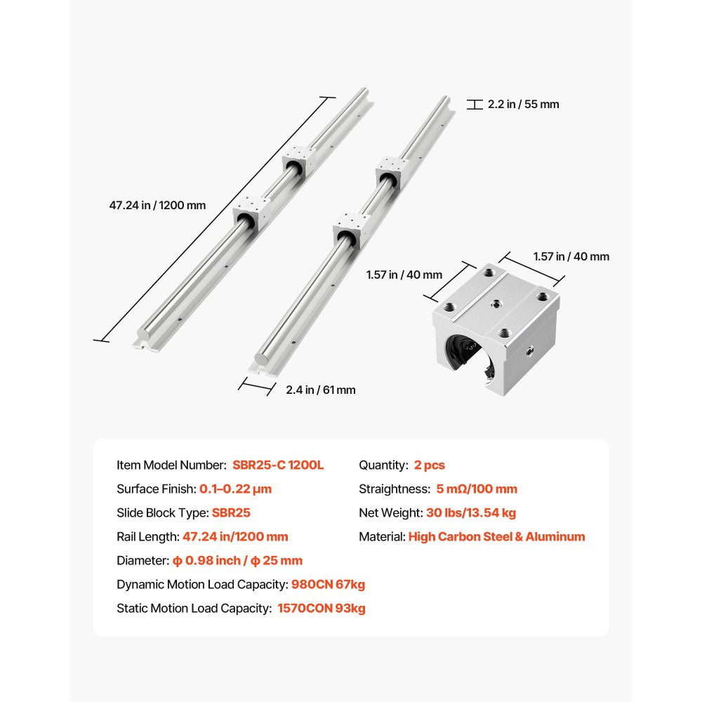 VEVOR Linear Rail Kit, SBR25, 2Pcs 1200 mm (47.24 inch) Linear Motion Guide Rails and 4Pcs Bearing Slide Blocks, Fully Supported Shaft, for Cutting, Grinding, Milling, Drilling Machines, and More