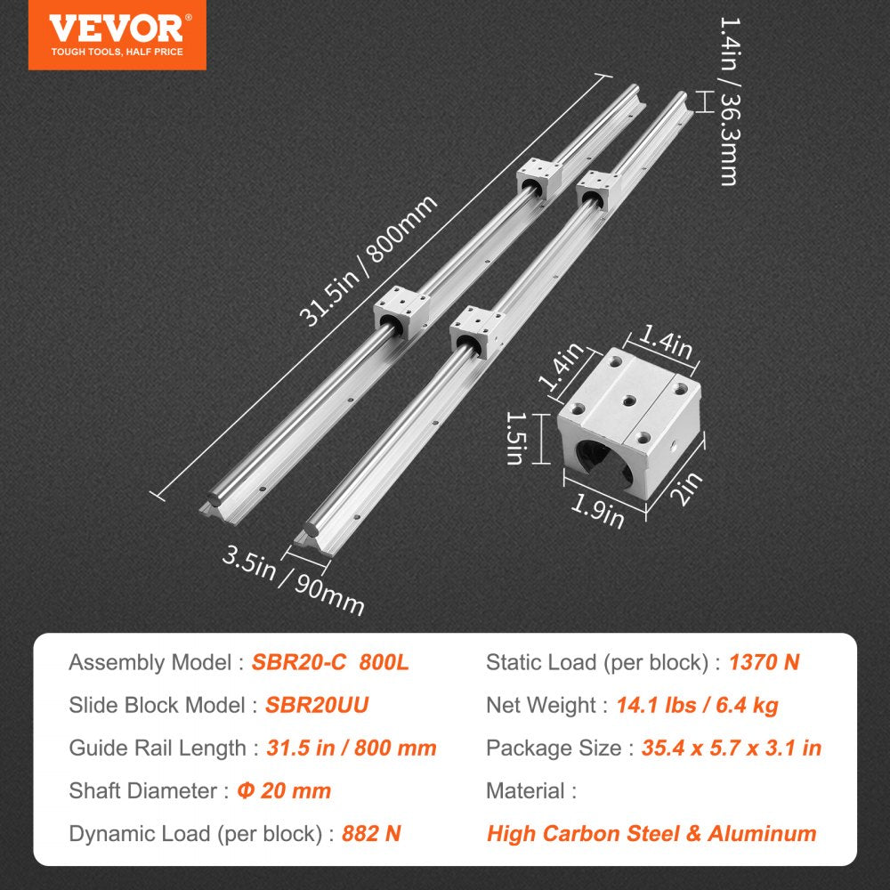 VEVOR Linear Rail Kit, SBR20 800mm, Includes 2 PCS 31.5 in SBR20 Rails & 4 PCS SBR20UU Blocks, Ideal for CNC Machines, Automation Projects, and DIY Crafts