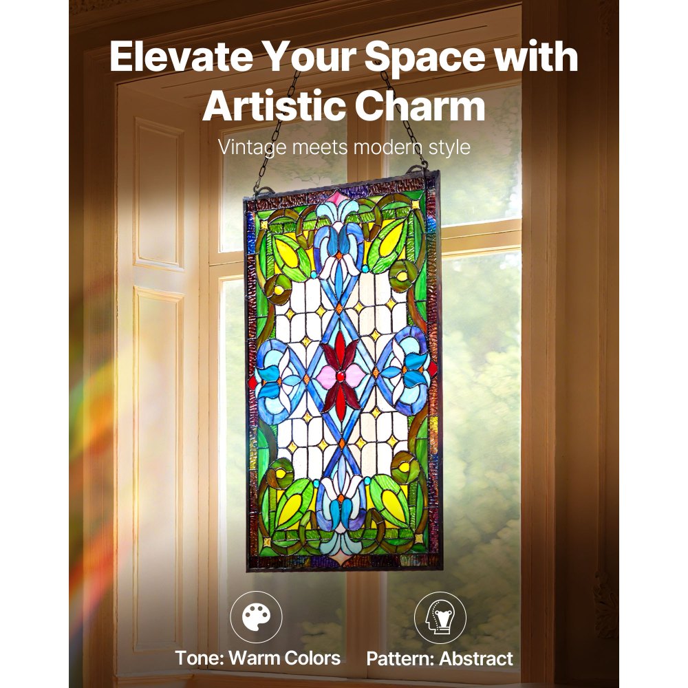 VEVOR Stained Glass Window Panel, 17 x 29 in, Tiffany Style Hanging Transom Window Panel with Chain, Large Vertical Rectangle Stain Glass, Vintage Traditional Art Handcrafts for Kitchen Home Decor