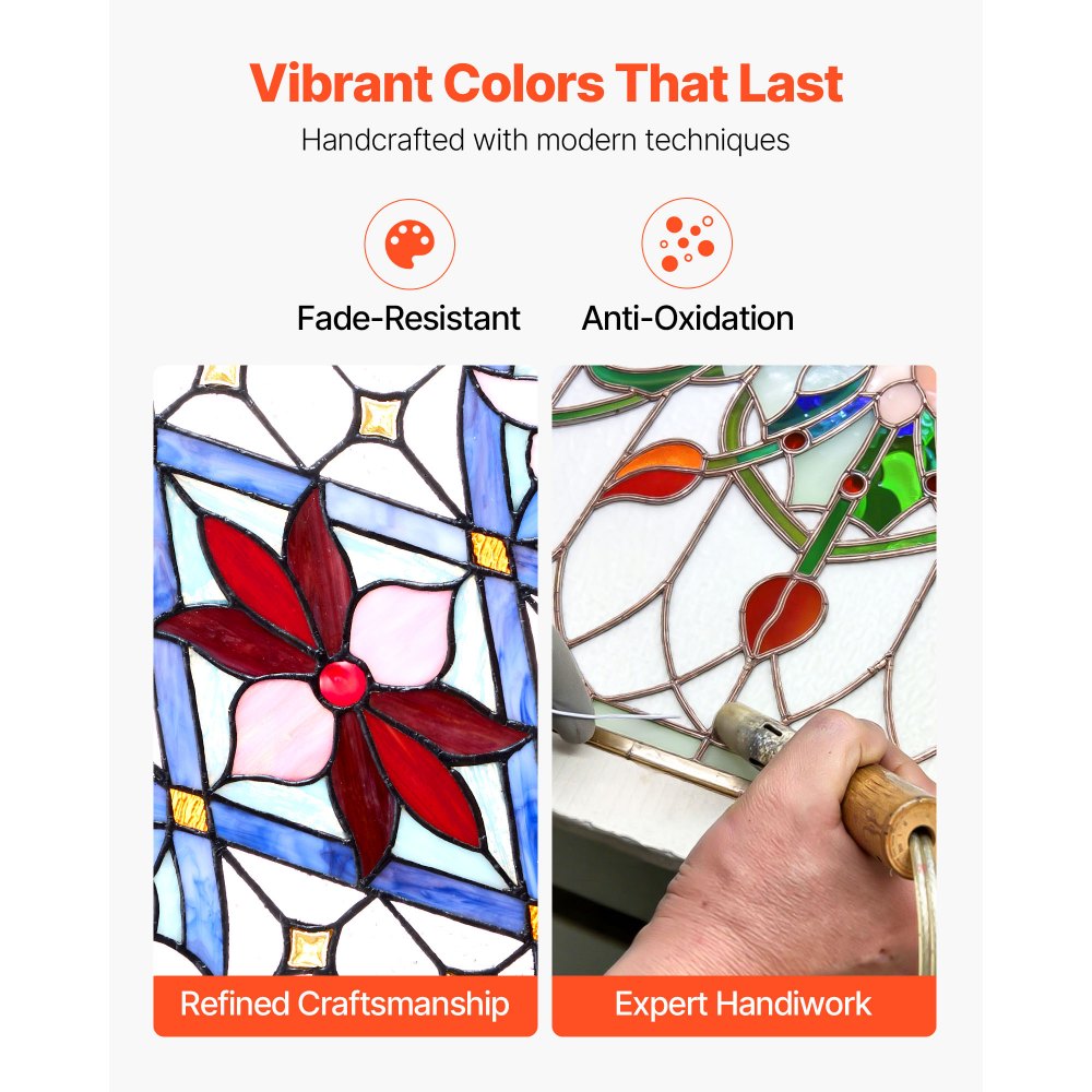 VEVOR Stained Glass Window Panel, 17 x 29 in, Tiffany Style Hanging Transom Window Panel with Chain, Large Vertical Rectangle Stain Glass, Vintage Traditional Art Handcrafts for Kitchen Home Decor