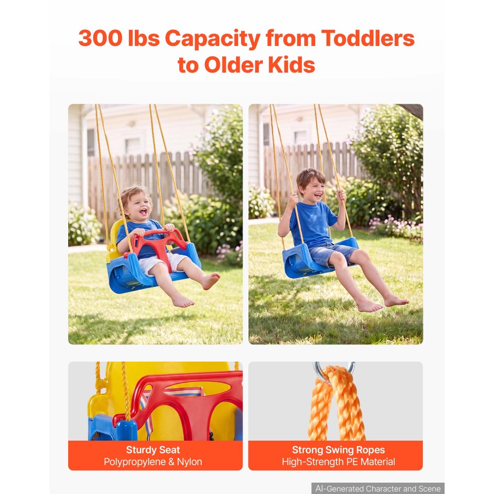 VEVOR 3-in-1 Baby Swing Seat 300 lbs Capacity Toddler Swing Red/Yellow/Blue, for Indoor & Outdoor Playground, with Adjustable Ropes and Snap Hooks, Snug & Secure Detachable Infants to Teens Kids Seat