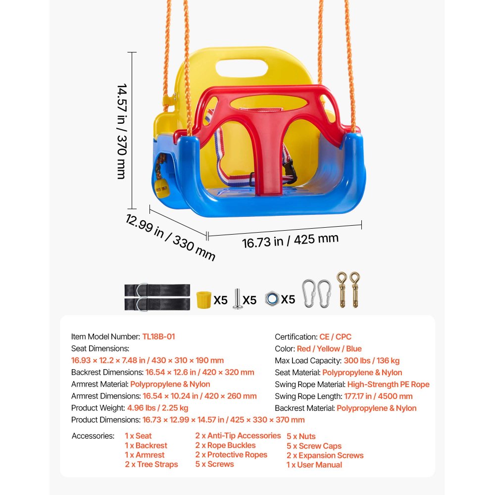 VEVOR 3-in-1 Baby Swing Seat 300 lbs Capacity Toddler Swing Red/Yellow/Blue, for Indoor & Outdoor Playground, with Adjustable Ropes and Snap Hooks, Snug & Secure Detachable Infants to Teens Kids Seat