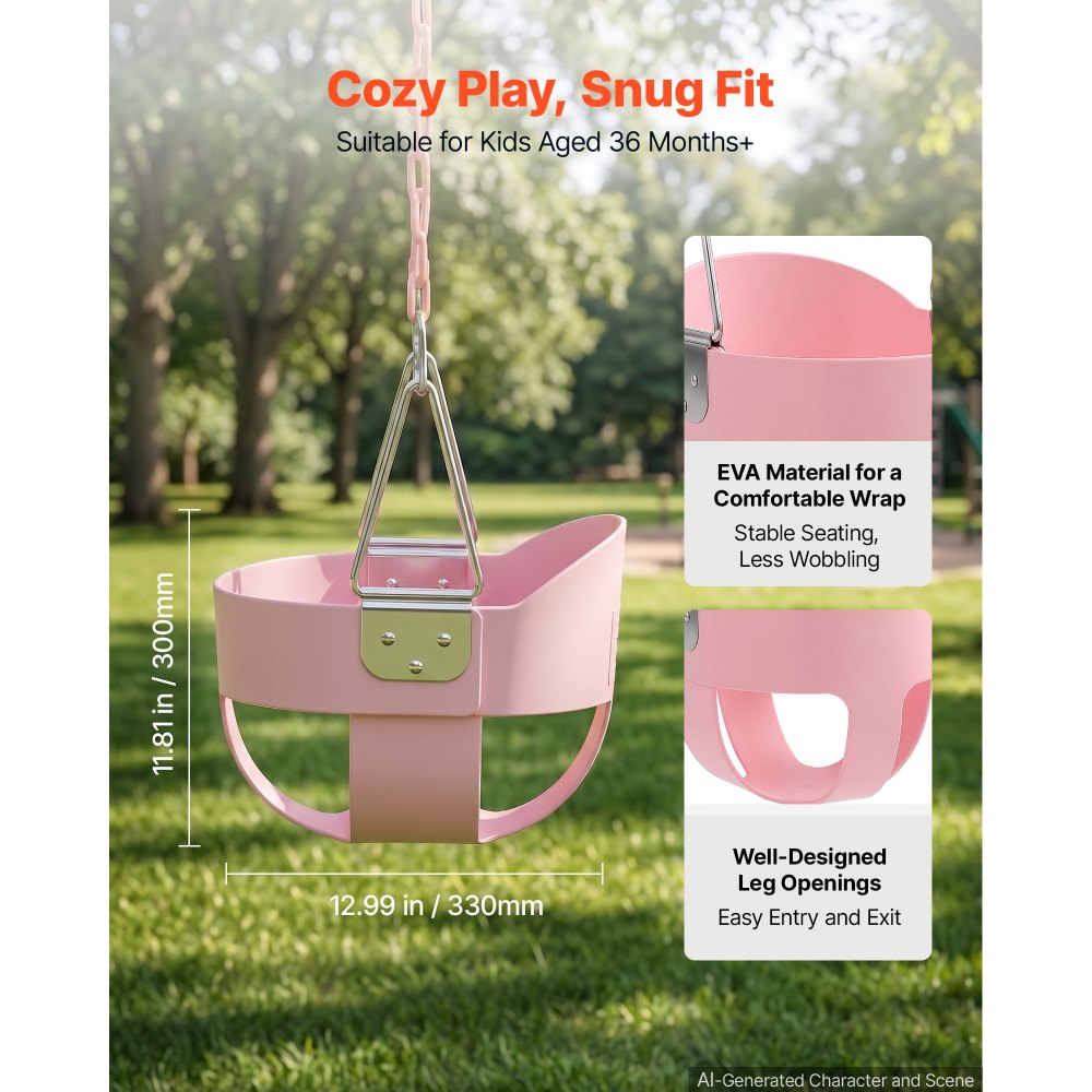 VEVOR Toddler Swing 300 lbs High Back Full Bucket Baby Swing Seat Pink, for Outdoor & Indoor Backyard Playground, Heavy-Duty Coated Chains and Carabiners, Fully Assembled Seat for Toddlers Age 3+