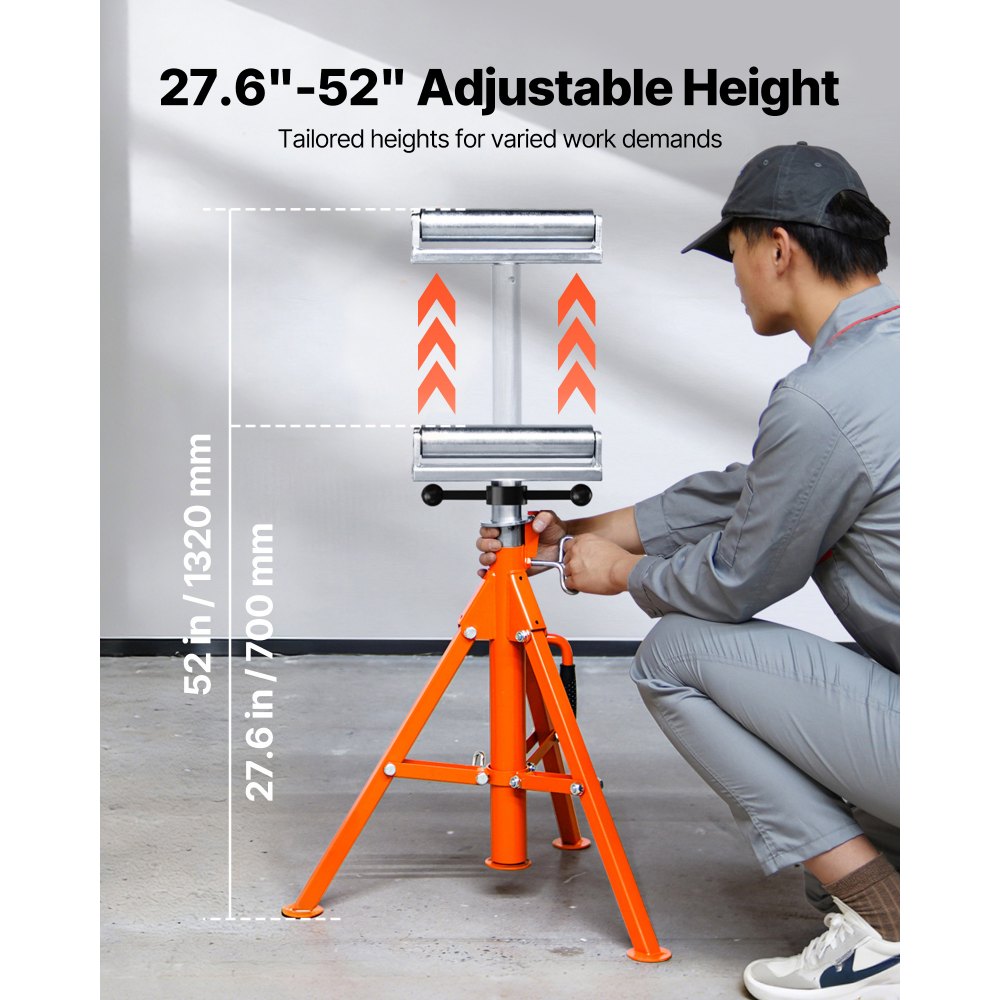 VEVOR Roller Stand, Heavy Duty 2500 LBS Load Capacity, 27.6"-52" Height Adjustable, 45# Steel Folding Roller Support Stand for Pipes, Wooden Boards