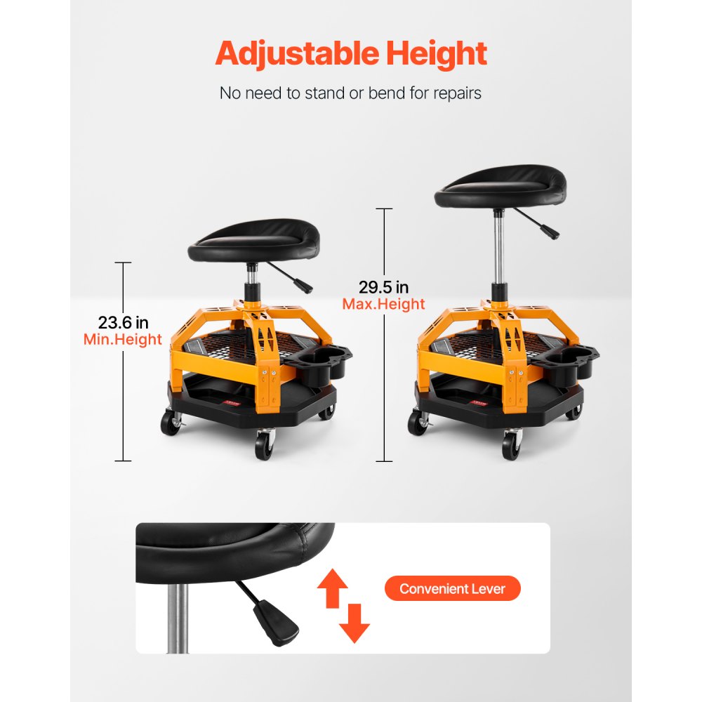 VEVOR Rolling Shop Stool, Heavy-Duty Pneumatic Garage Seat with 300 lbs Capacity, Adjustable Height Roller Creeper Seat, 360° Swivel Padded Workshop Stool with Casters, for Garage, Shop & Auto Repair