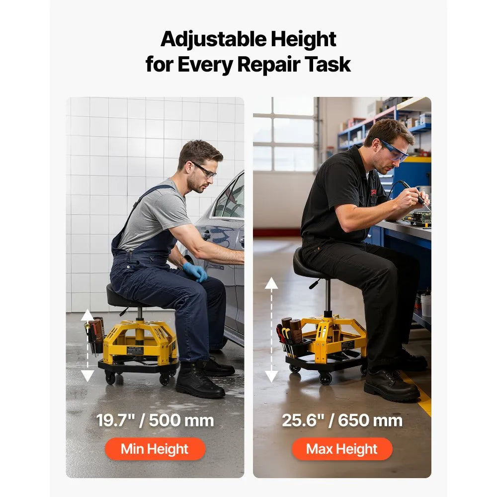 VEVOR Rolling Shop Stool with Wheels, 19.7"-25.6" Adjustable Height, 360° Swivel, 330 lbs Capacity, Garage Work Mechanic Stool with Backrest, Tool Tray Storage, Padded Seat Shop Chair, Black/Yellow