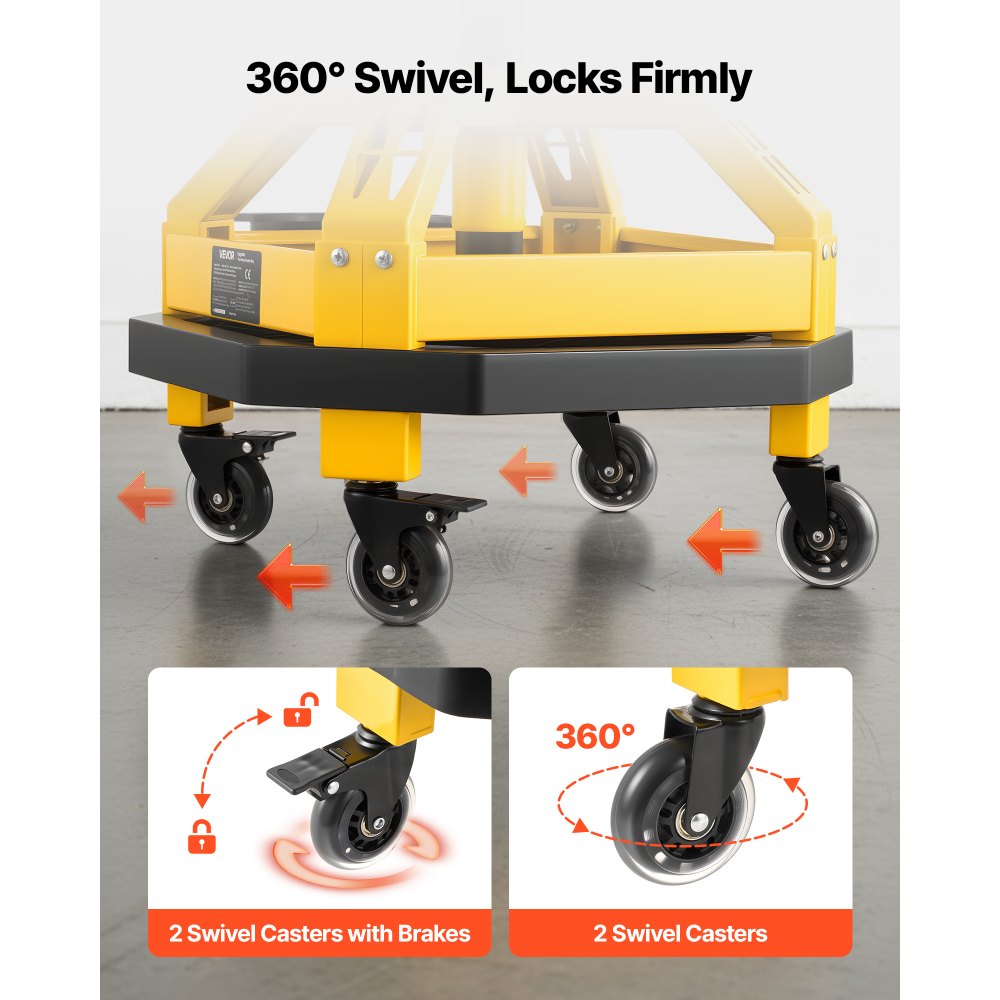 VEVOR Rolling Shop Stool with Wheels, 19.7"-25.6" Adjustable Height, 360° Swivel, 330 lbs Capacity, Garage Work Mechanic Stool with Backrest, Tool Tray Storage, Padded Seat Shop Chair, Black/Yellow