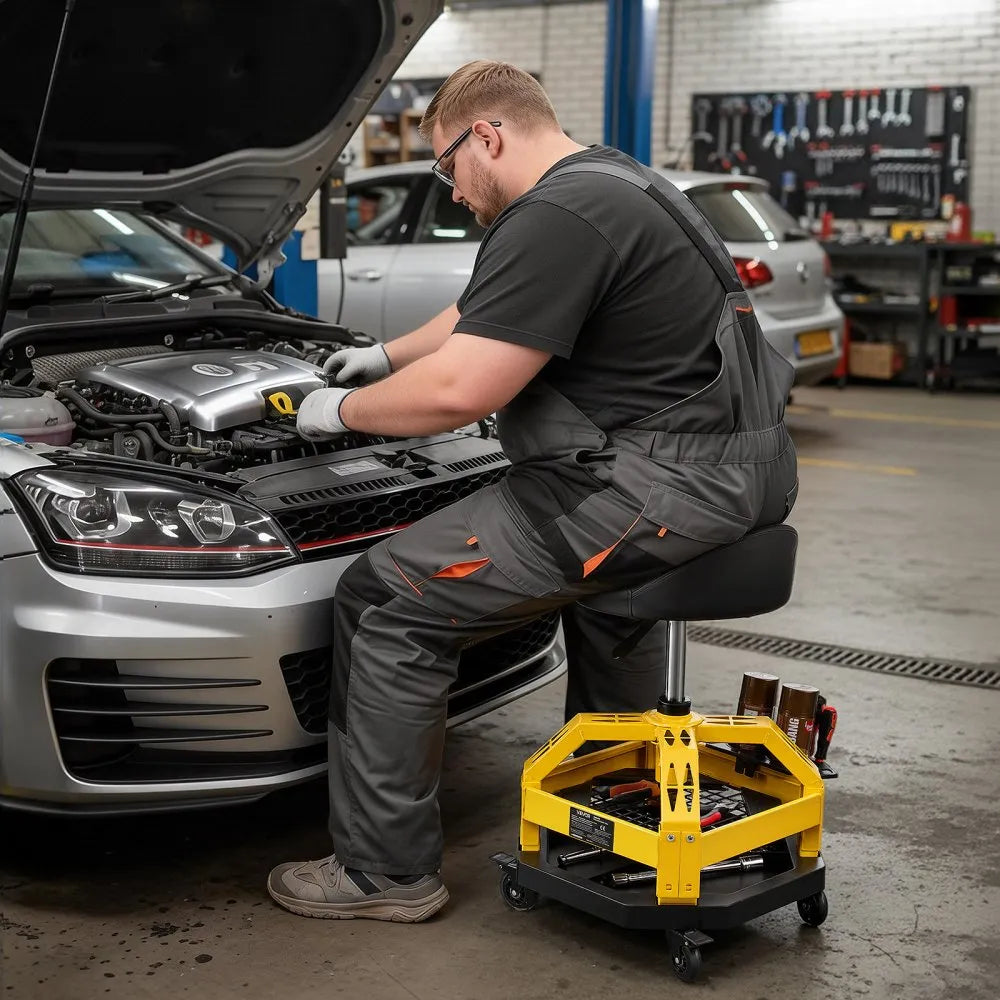 VEVOR Rolling Shop Stool with Wheels, 19.7"-25.6" Adjustable Height, 360° Swivel, 330 lbs Capacity, Garage Work Mechanic Stool with Backrest, Tool Tray Storage, Padded Seat Shop Chair, Black/Yellow