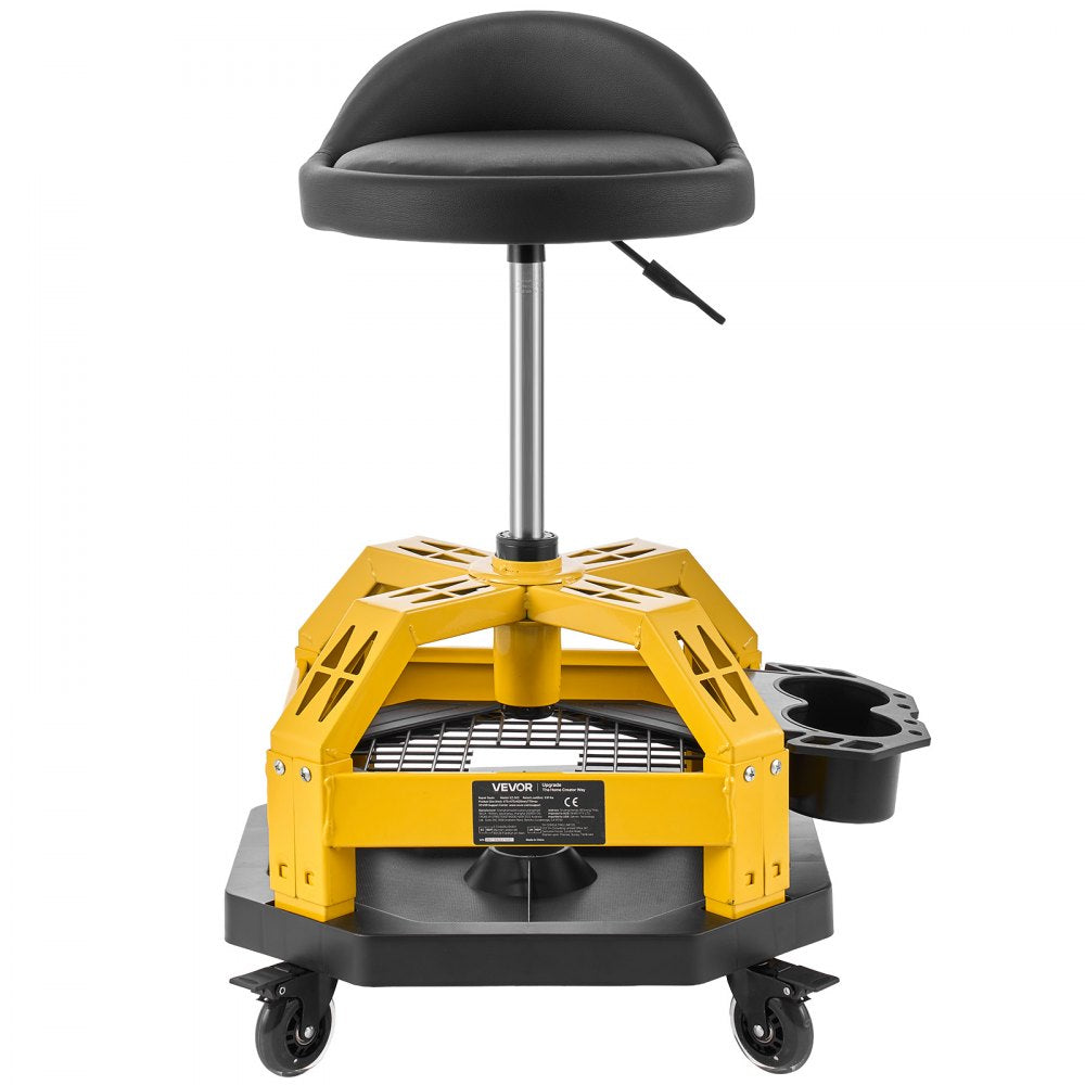 VEVOR Rolling Shop Stool with Wheels, 19.7"-25.6" Adjustable Height, 360° Swivel, 330 lbs Capacity, Garage Work Mechanic Stool with Backrest, Tool Tray Storage, Padded Seat Shop Chair, Black/Yellow